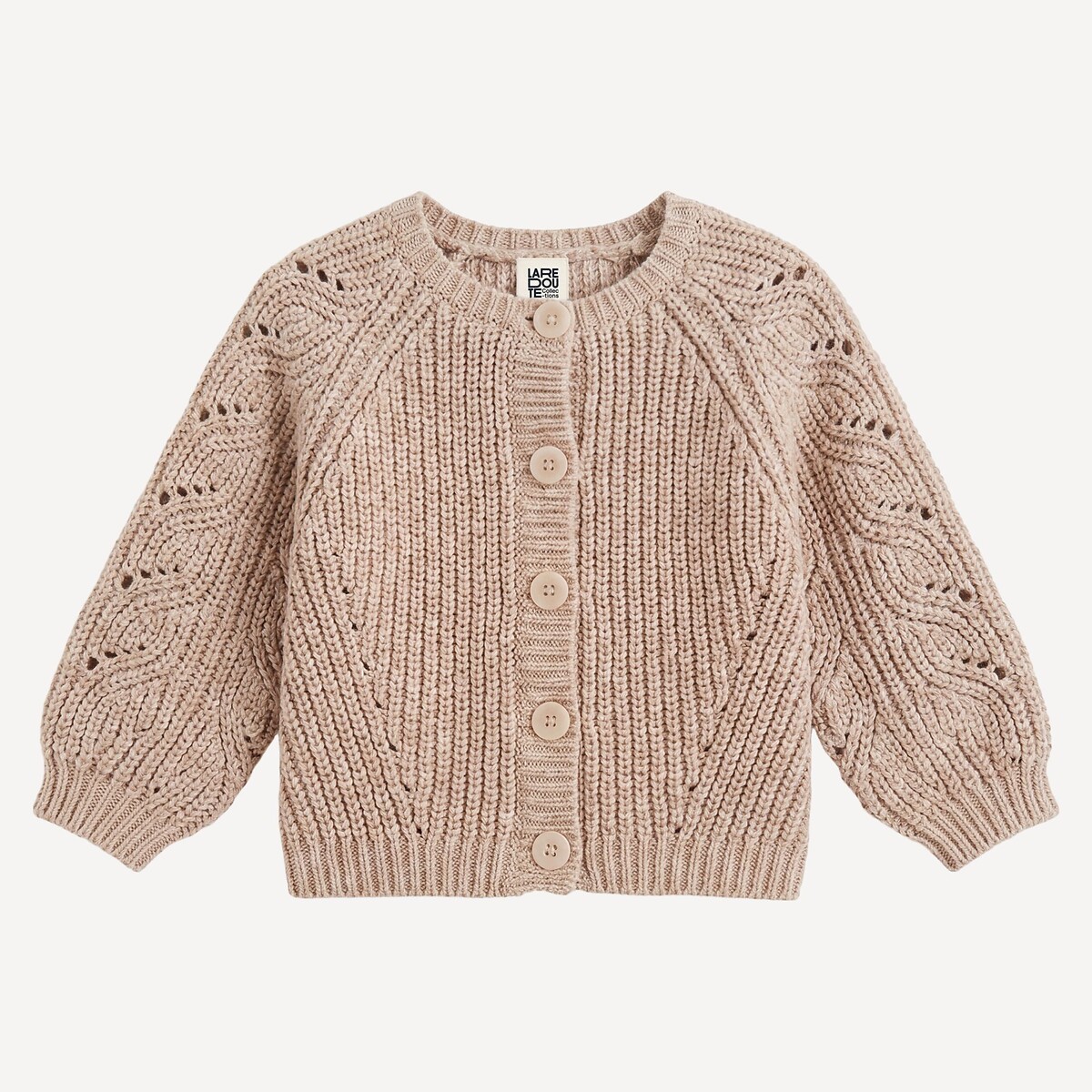 Crew Neck Cardigan in Ribbed Fine Knit beige, LA REDOUTE COLLECTIONS