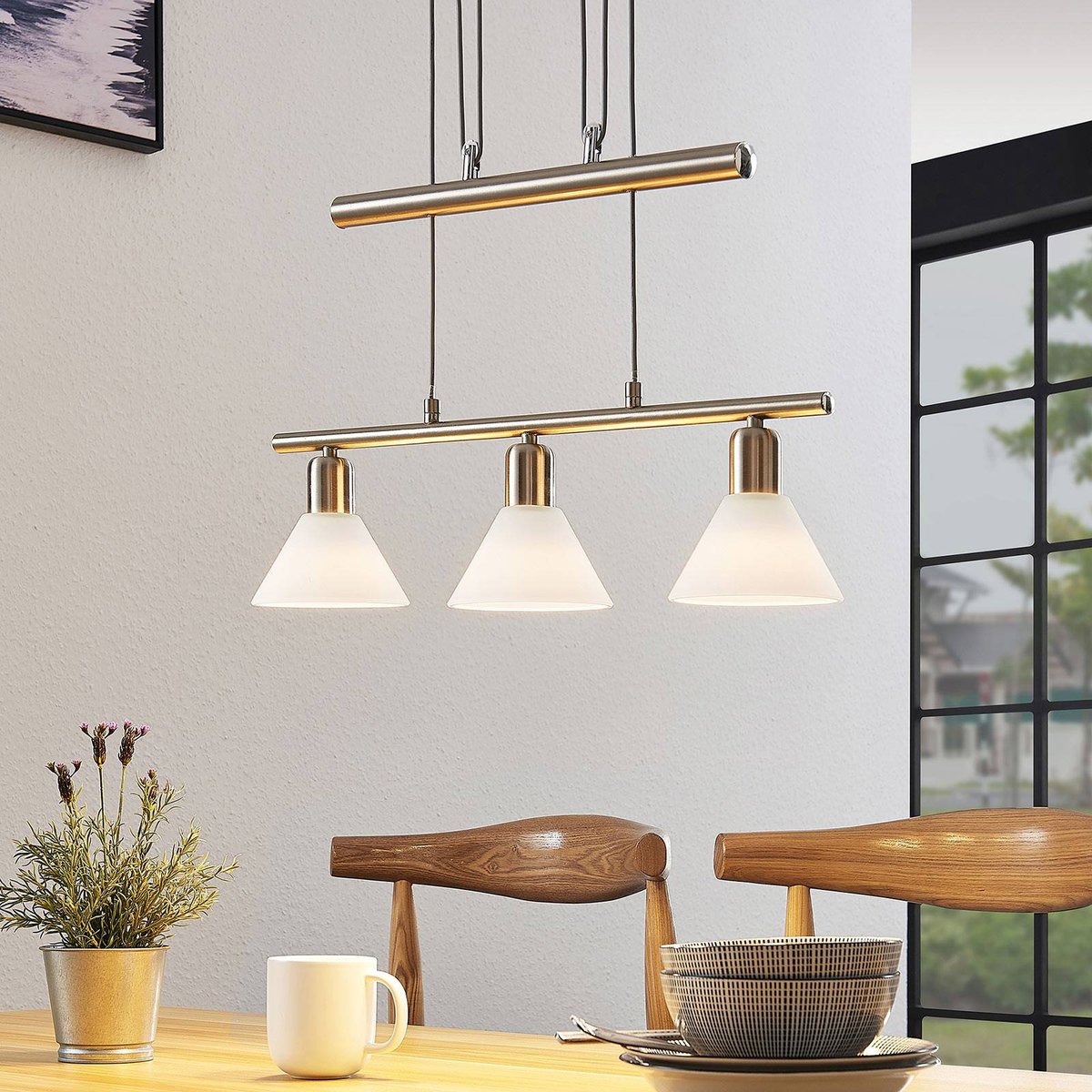 Suspension en métal moderne, Delira blanc, nickel satiné, LINDBY