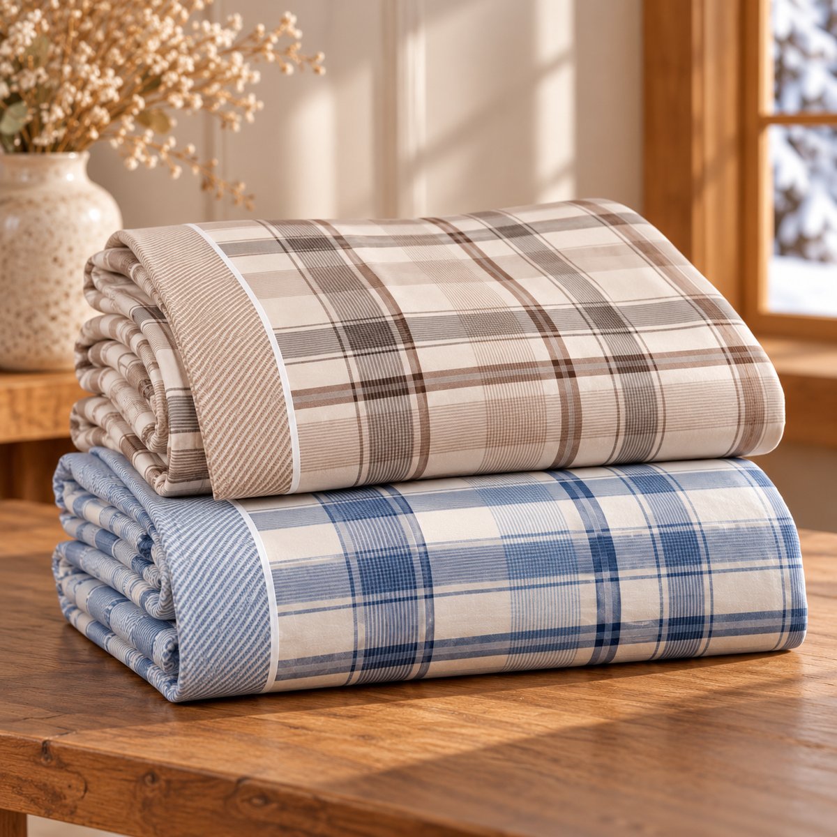 Parure drap de lit en coton flanelle 57 fils imprimé  BOLOGNE bleu, LINANDELLE