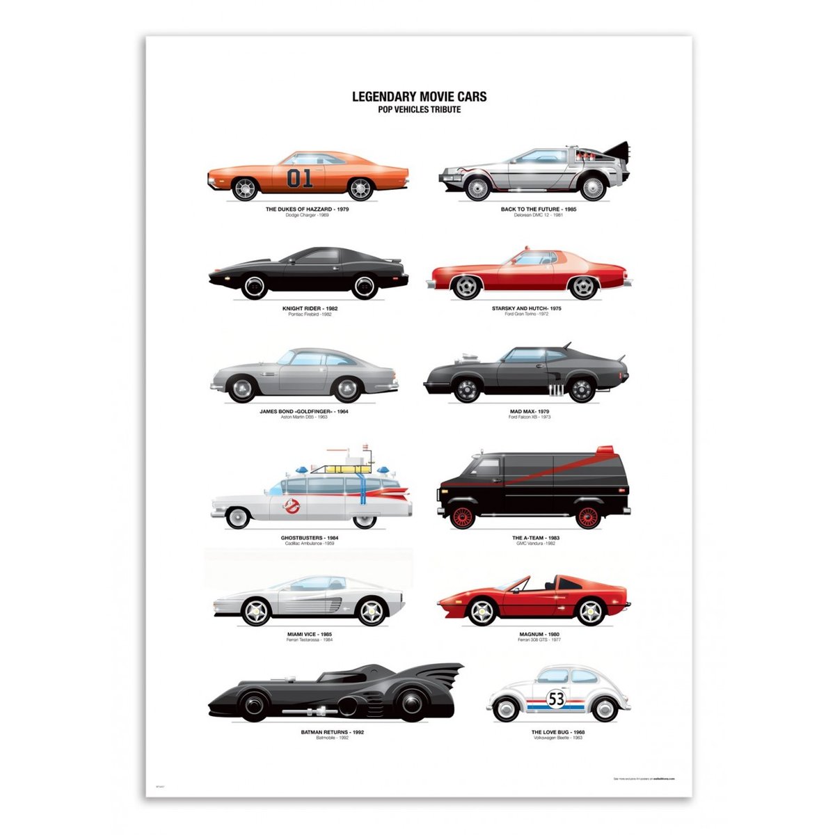 Affiche d'art - Legendary Movie Cars - Olivier Bourdereau affiche d'art, WALL EDITIONS