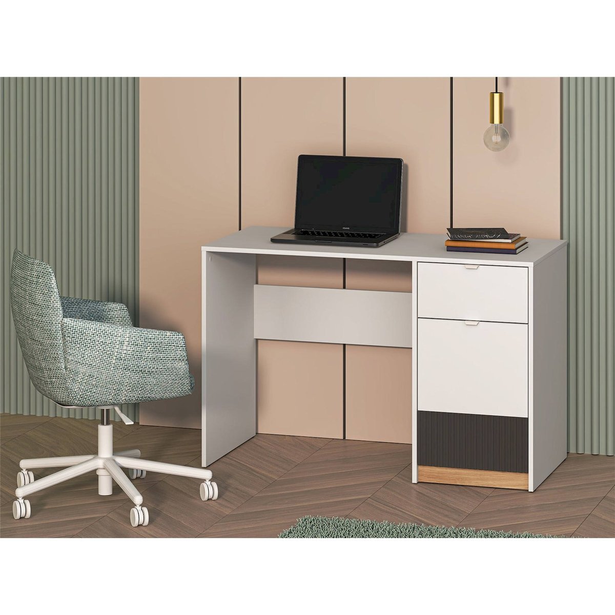 Bureau ado rainuré collection TORINO blanc alpin, graphite et décor chêne honey castello, RECOLLECTION