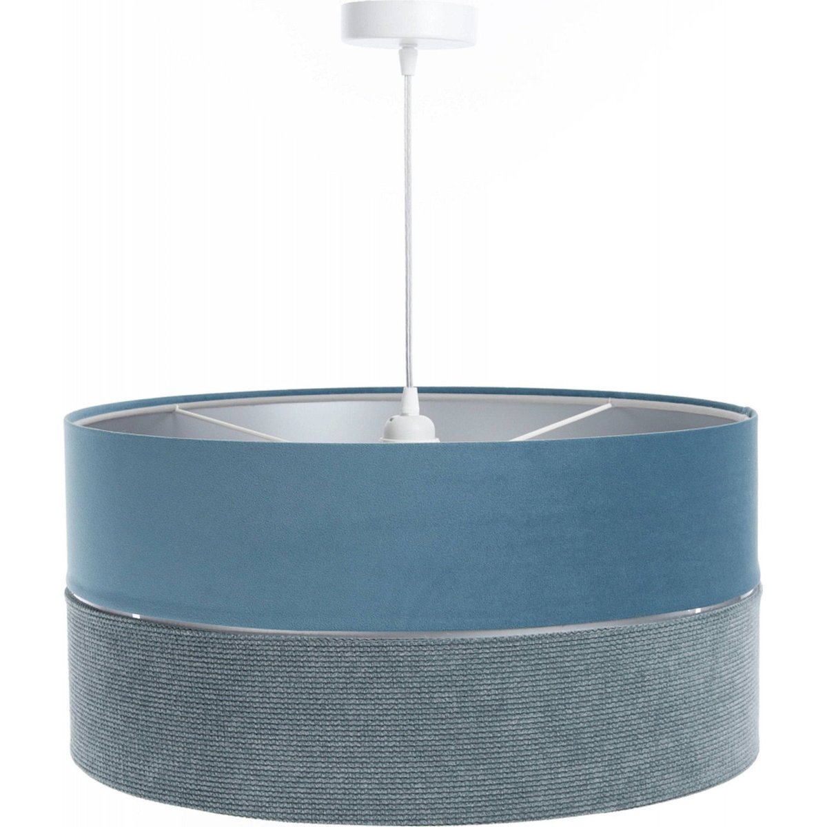 Suspension en tissu, TWIST abat-jour en satin bleu et velours structuré bleu, liseret argenté et intérieur argenté, BPS KONCEPT