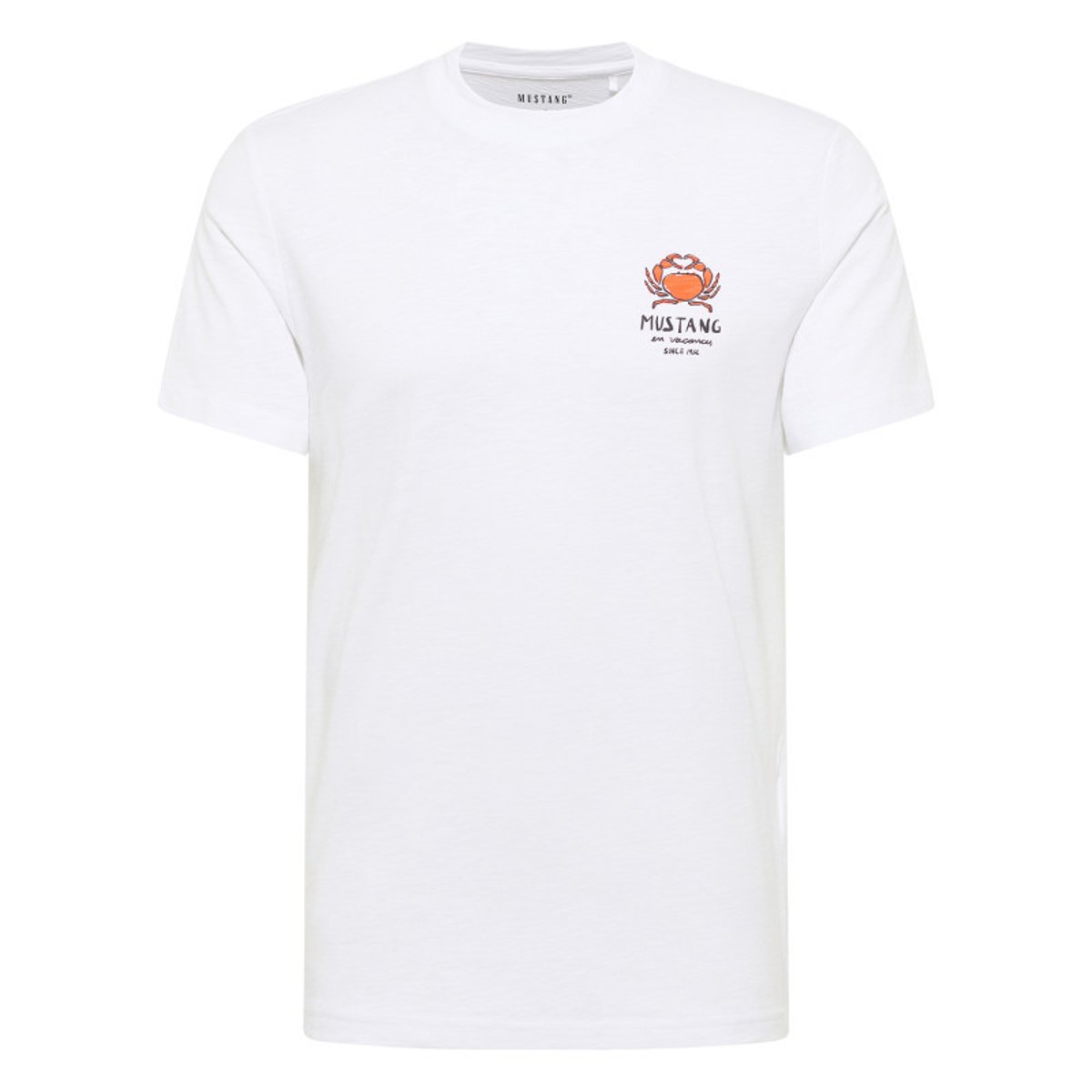 T-shirt en coton blanc uni avec un petit crabe imprimé et à col rond blanc, MUSTANG