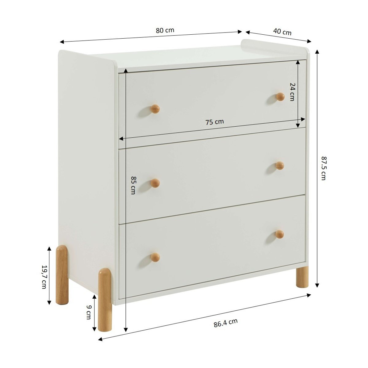 Commode enfant 3 tiroirs MONA blanc, BAÏTA
