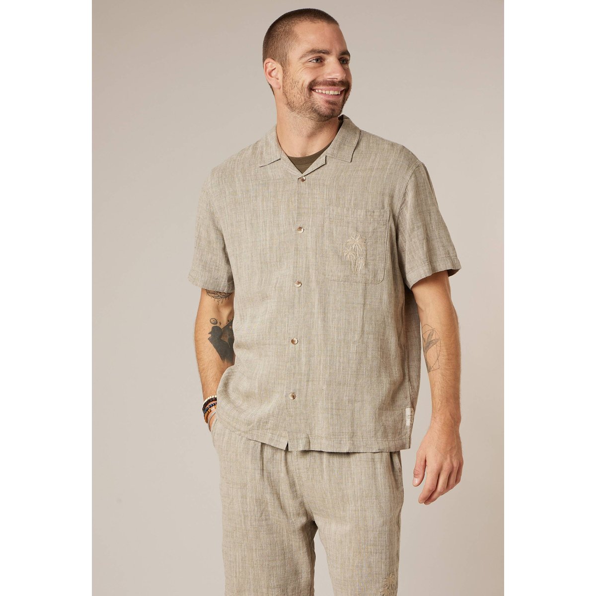 Chemise manches courtes homme en lin mélangé ZALTOR khaki, DEELUXE