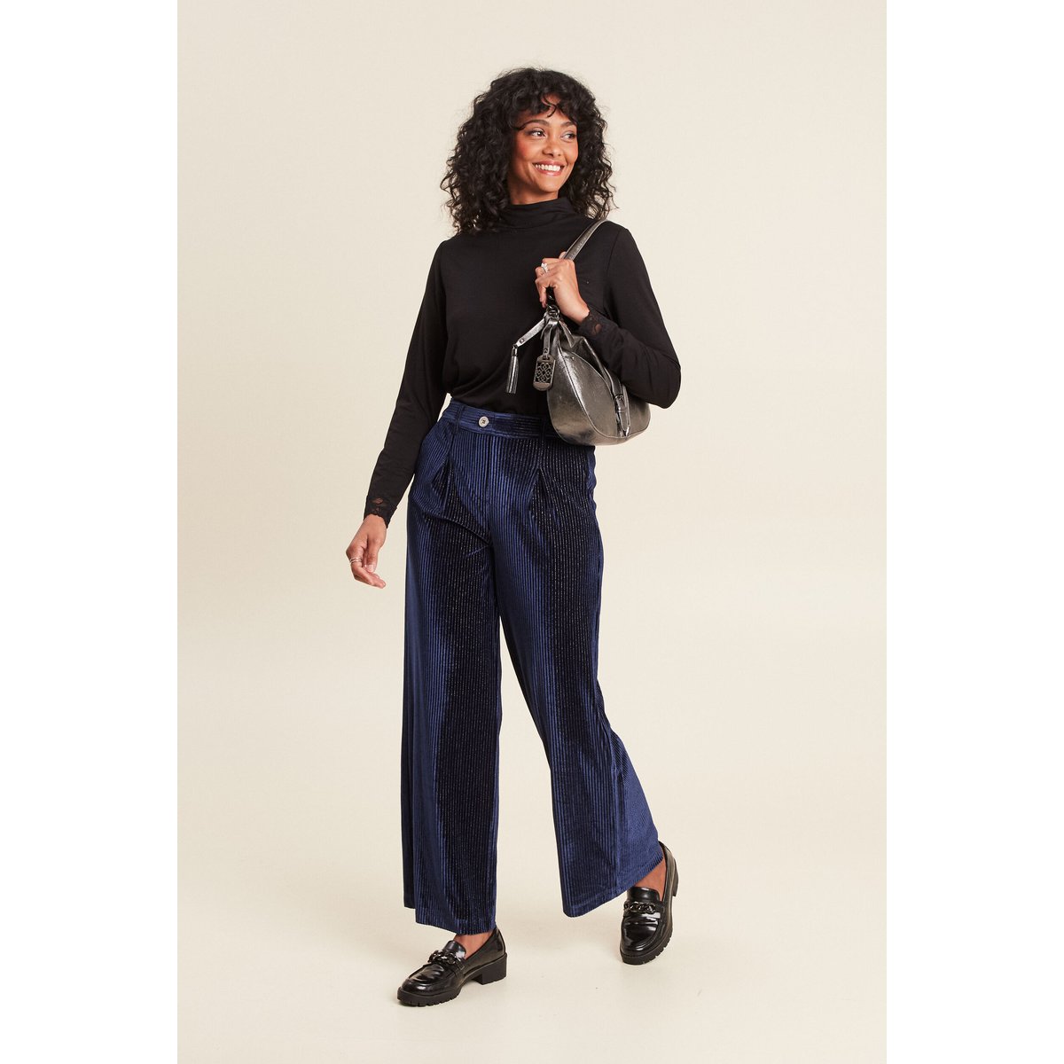 Pantalon large velours bleu foncé, BREAL