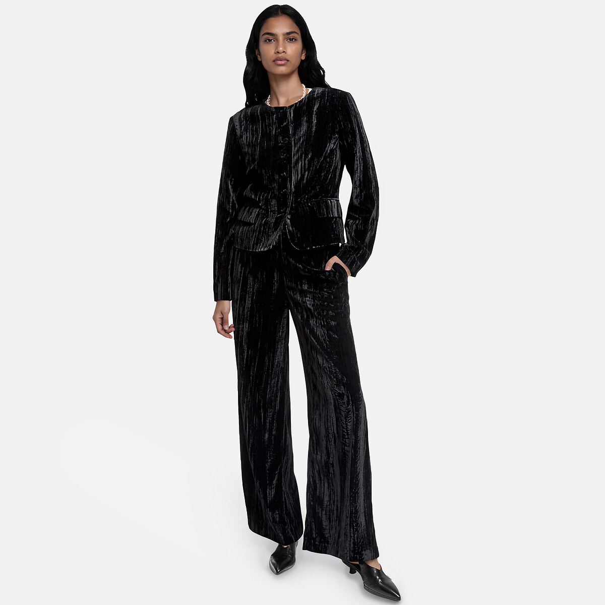 Casaco curto, de gola redonda, em veludo martelado preto , LA REDOUTE COLLECTIONS