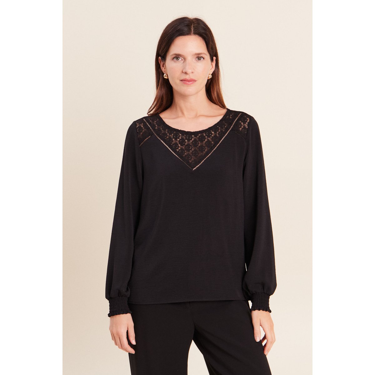 Blouse droite manches longues dentelle noir, BREAL
