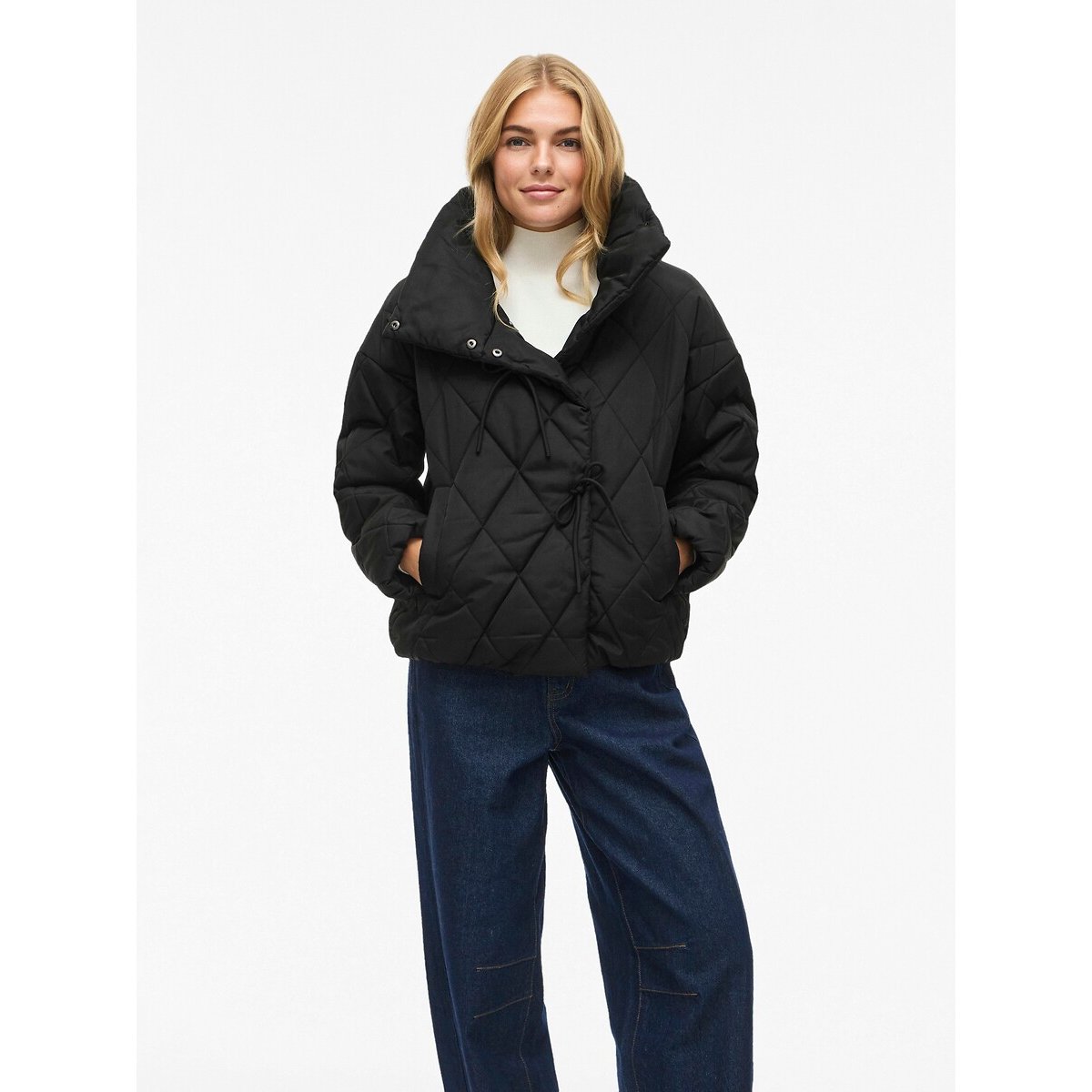 Quilted Padded Jacket with High Neck and Tie Fastening black, VILA