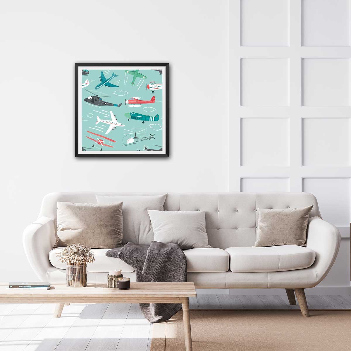 Affiche enfant avions à gogo affiche + cadre en bois - noir, HEXOA