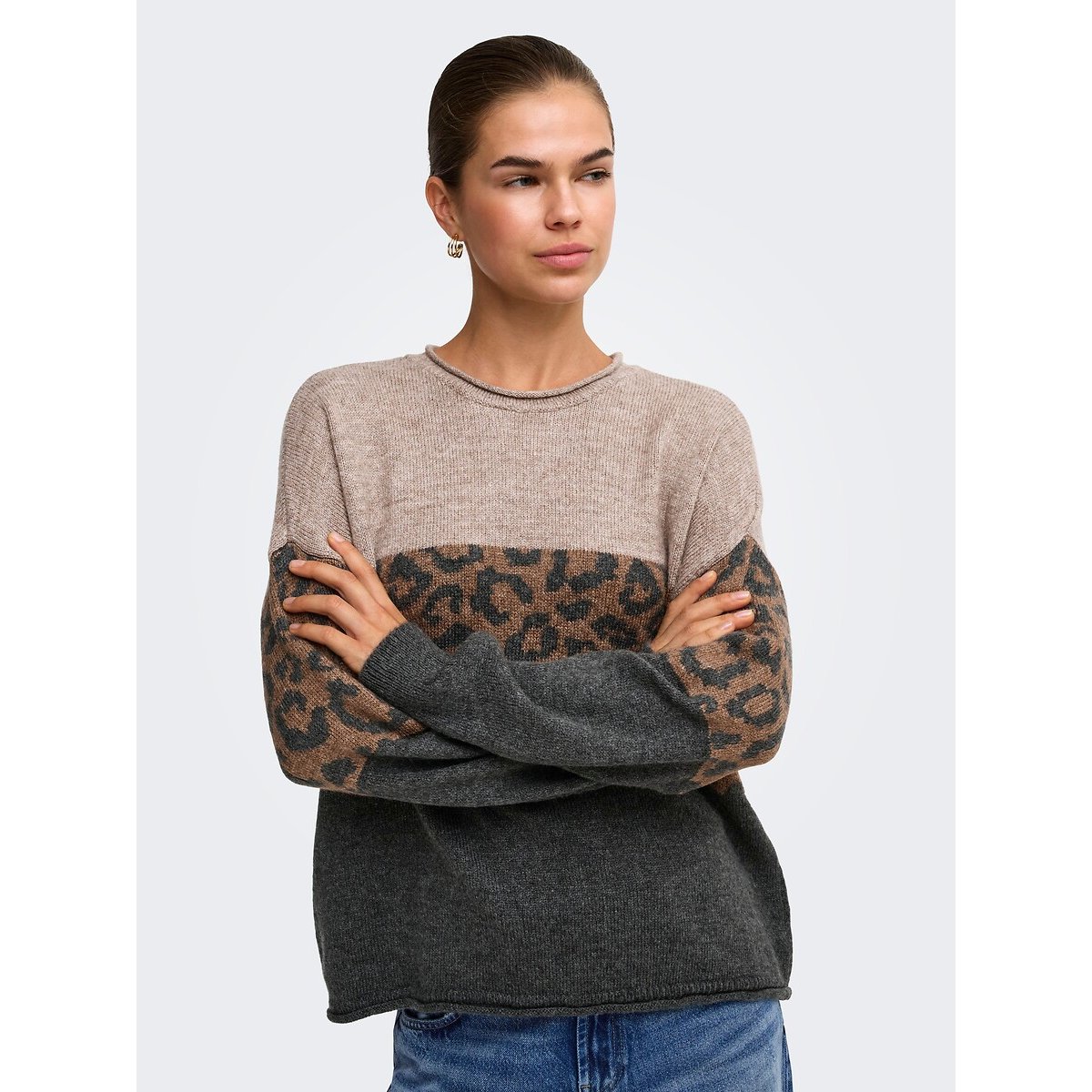 Camisola de gola redonda, estampado leopardo cinzento/leopardo, ONLY