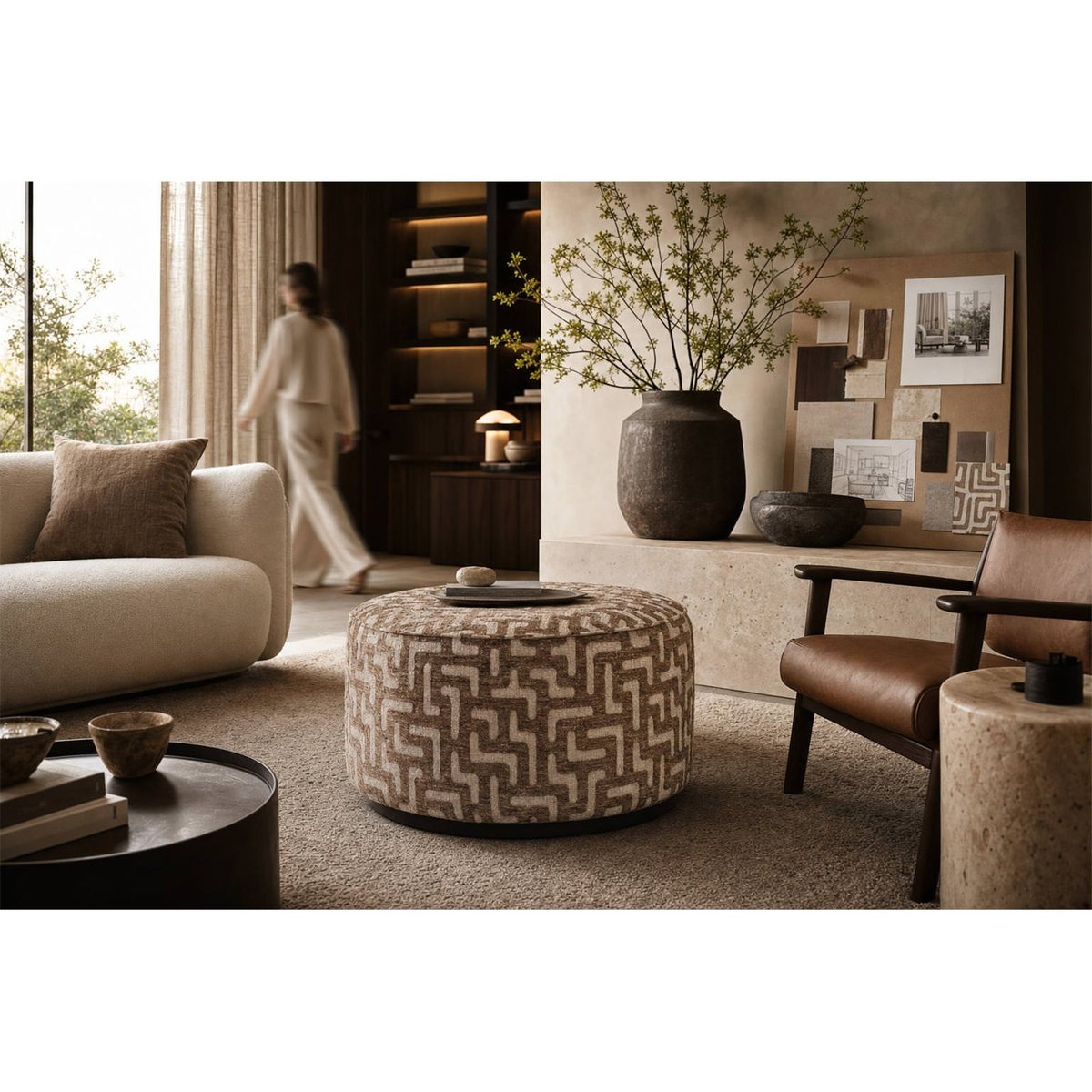 Pouf rond texturé pour salon marron texturé, RECOLLECTION