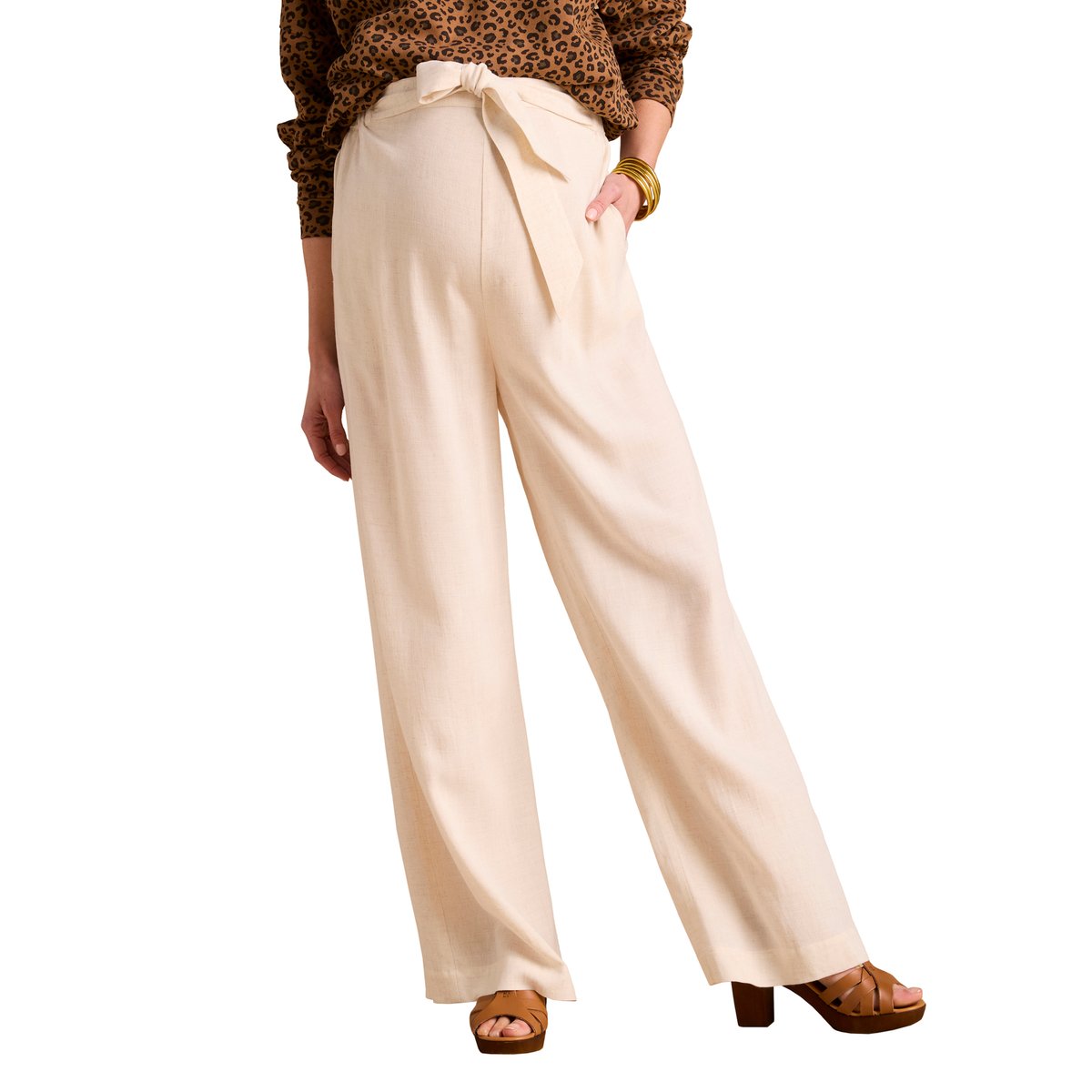 Pantalon large de grossesse matière légère avec lin beige, ENVIE DE FRAISE