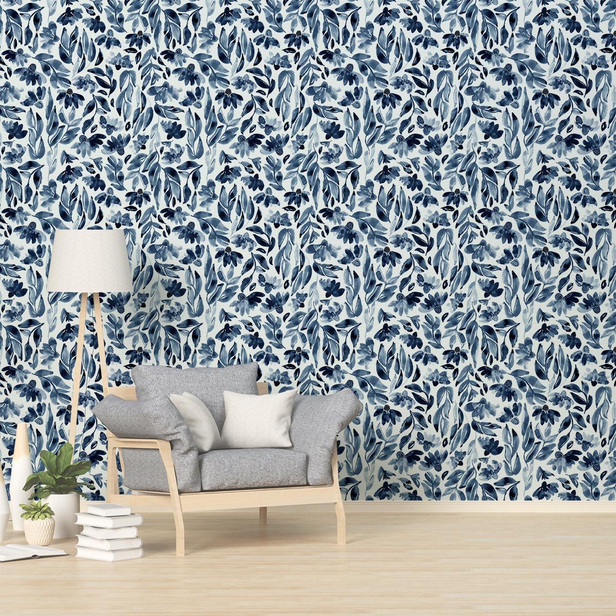 Papier peint panoramique, fleur bleue bleu, HEXOA