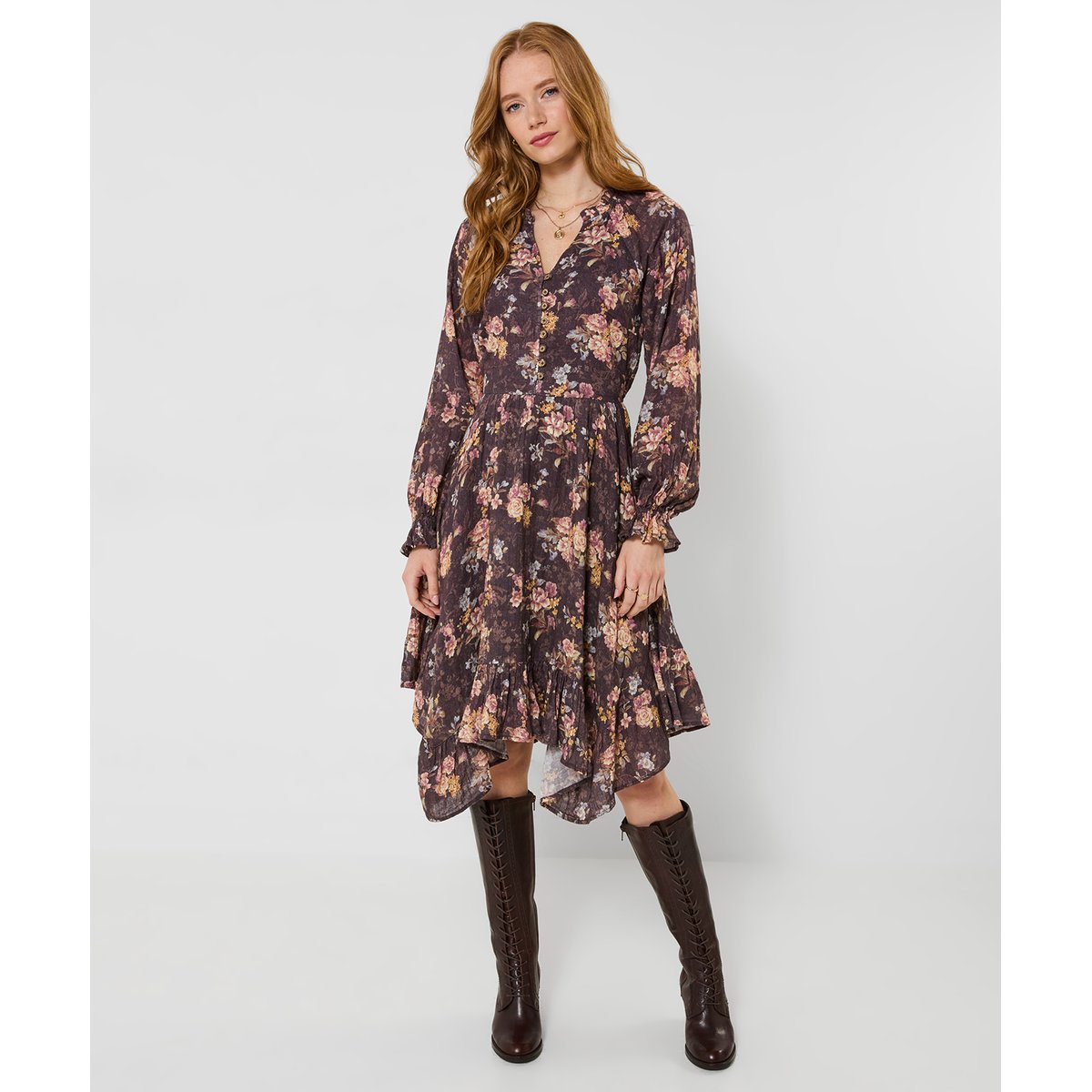 Robe Mi-Longue à Ourlet Plongeant Fleurs Anciennes marron, JOE BROWNS