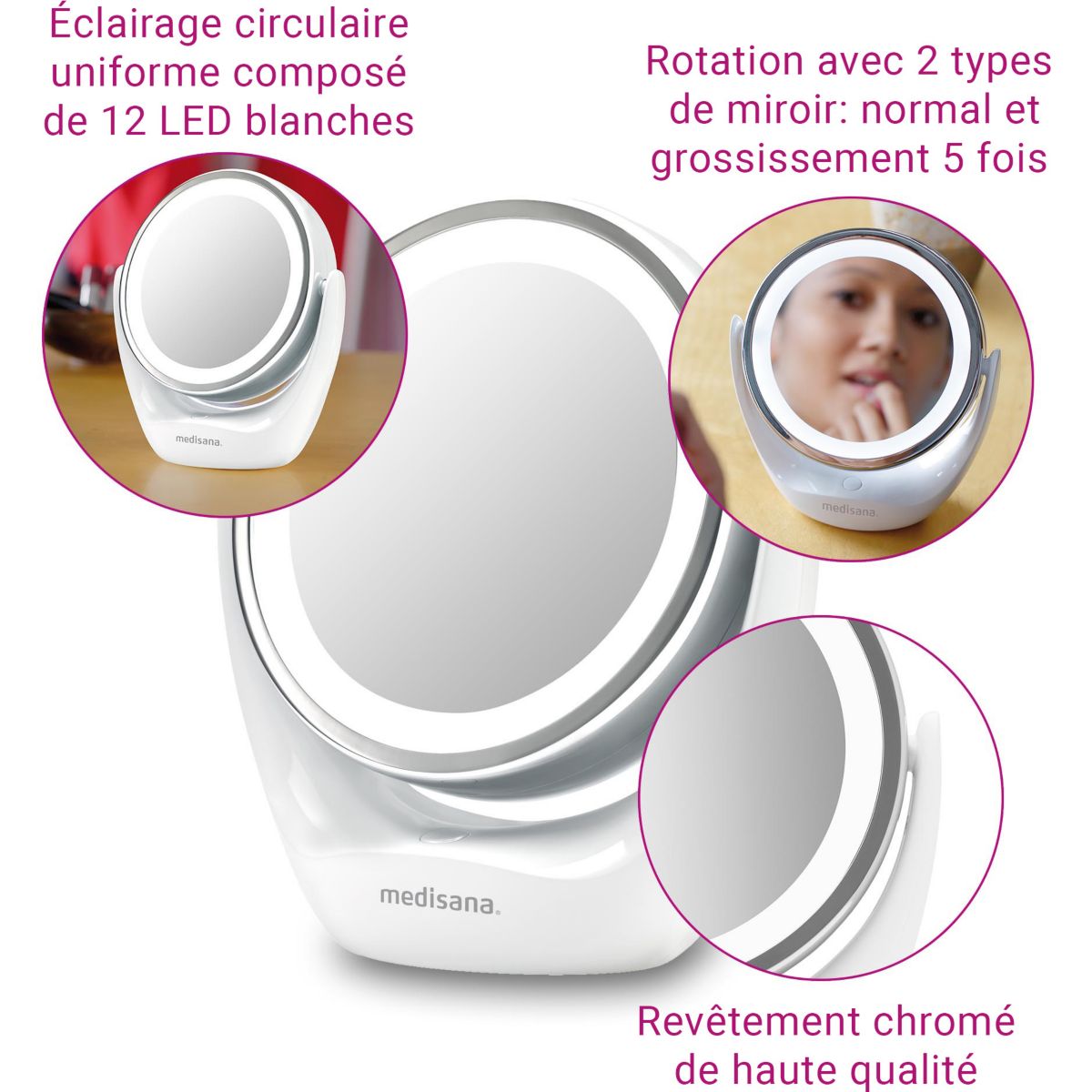 Miroir lumineux grossissant à piles couleur unique, MEDISANA