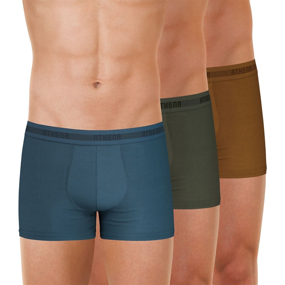Lot de 3 boxers easy en coton stretch bleu/kaki/marron, ATHENA