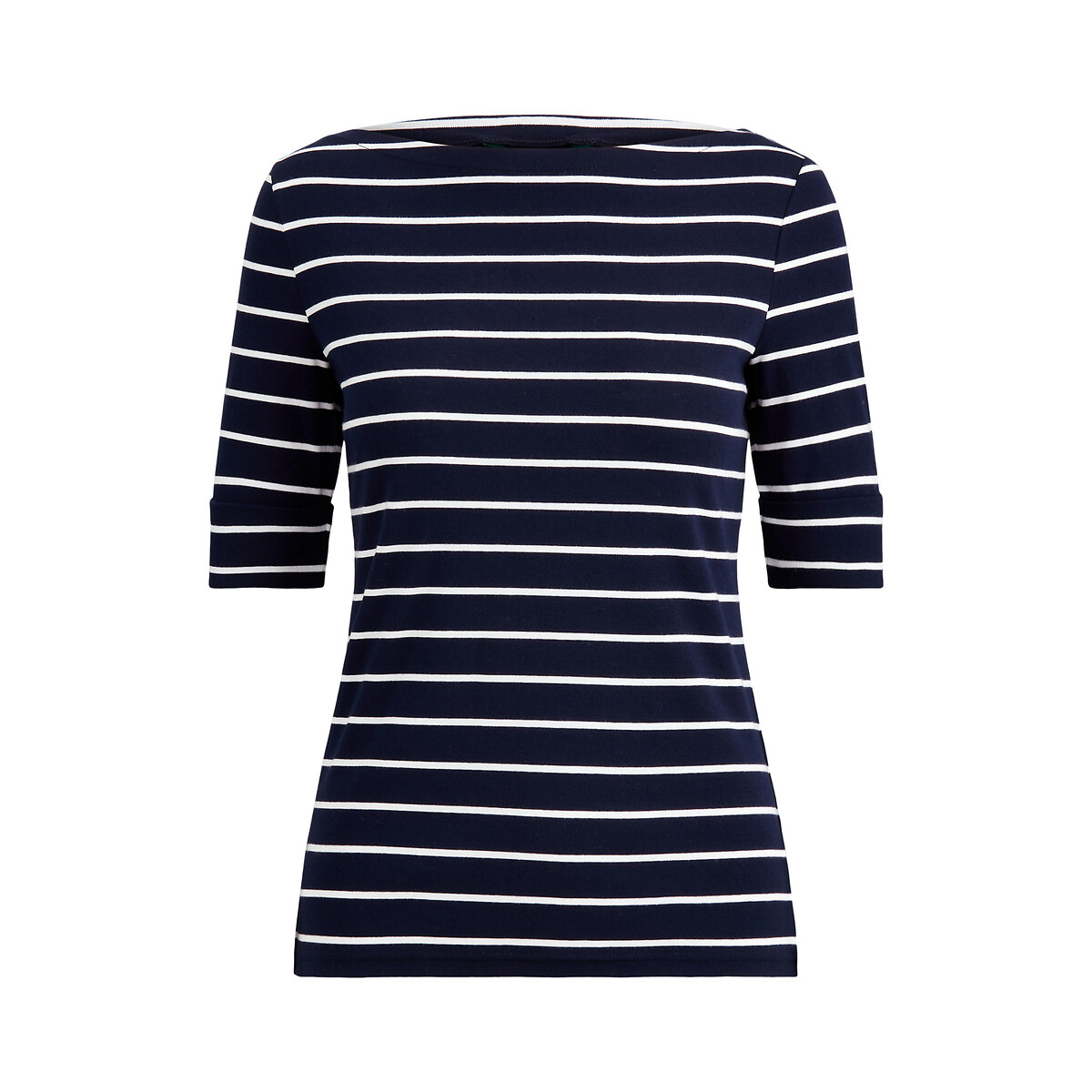 Striped Boat Neck T-Shirt with Short Sleeves navy blue/white, LAUREN RALPH LAUREN