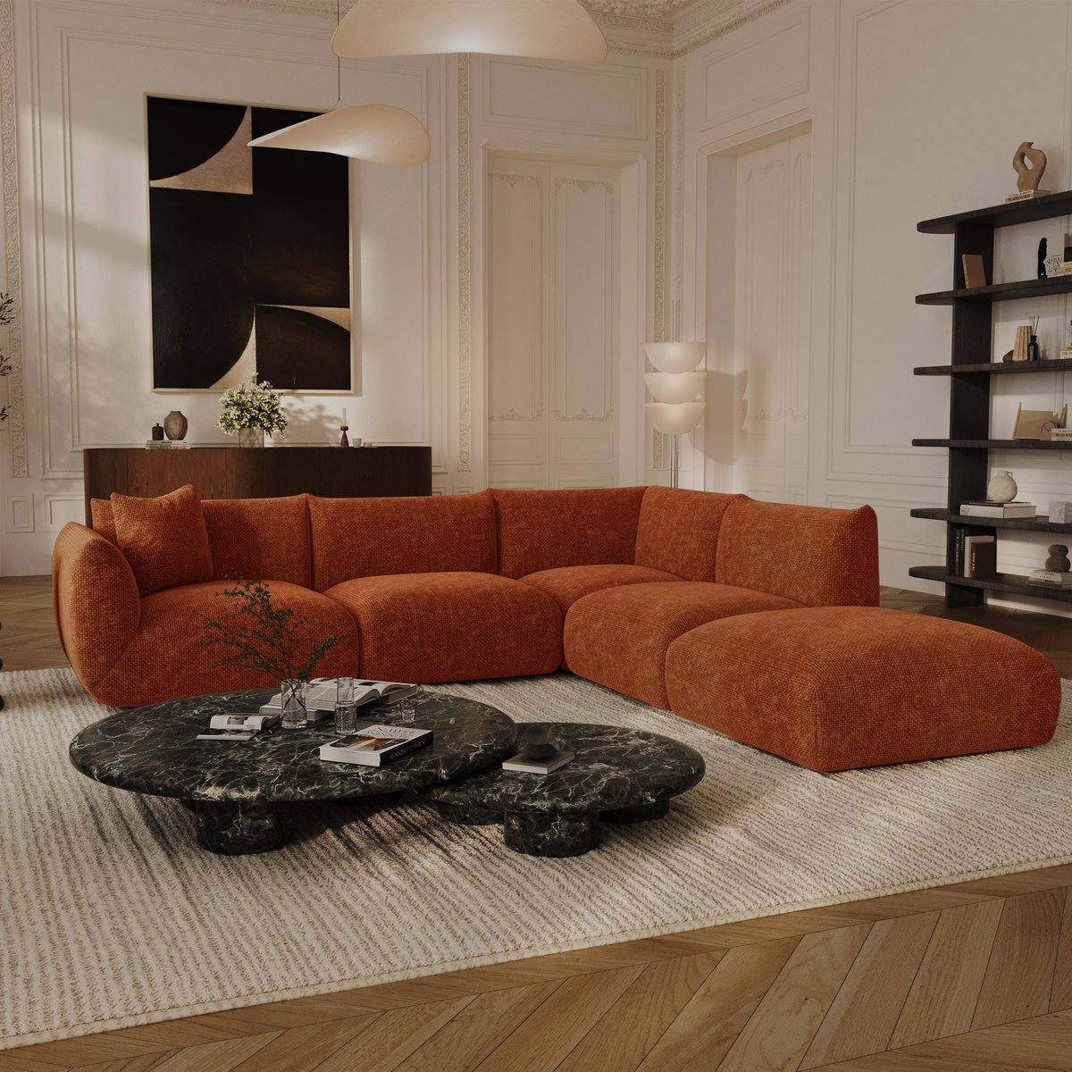 Canapé grand angle droit modulable 7 places en velours chenillé NOOMA terracotta, SIA HOME