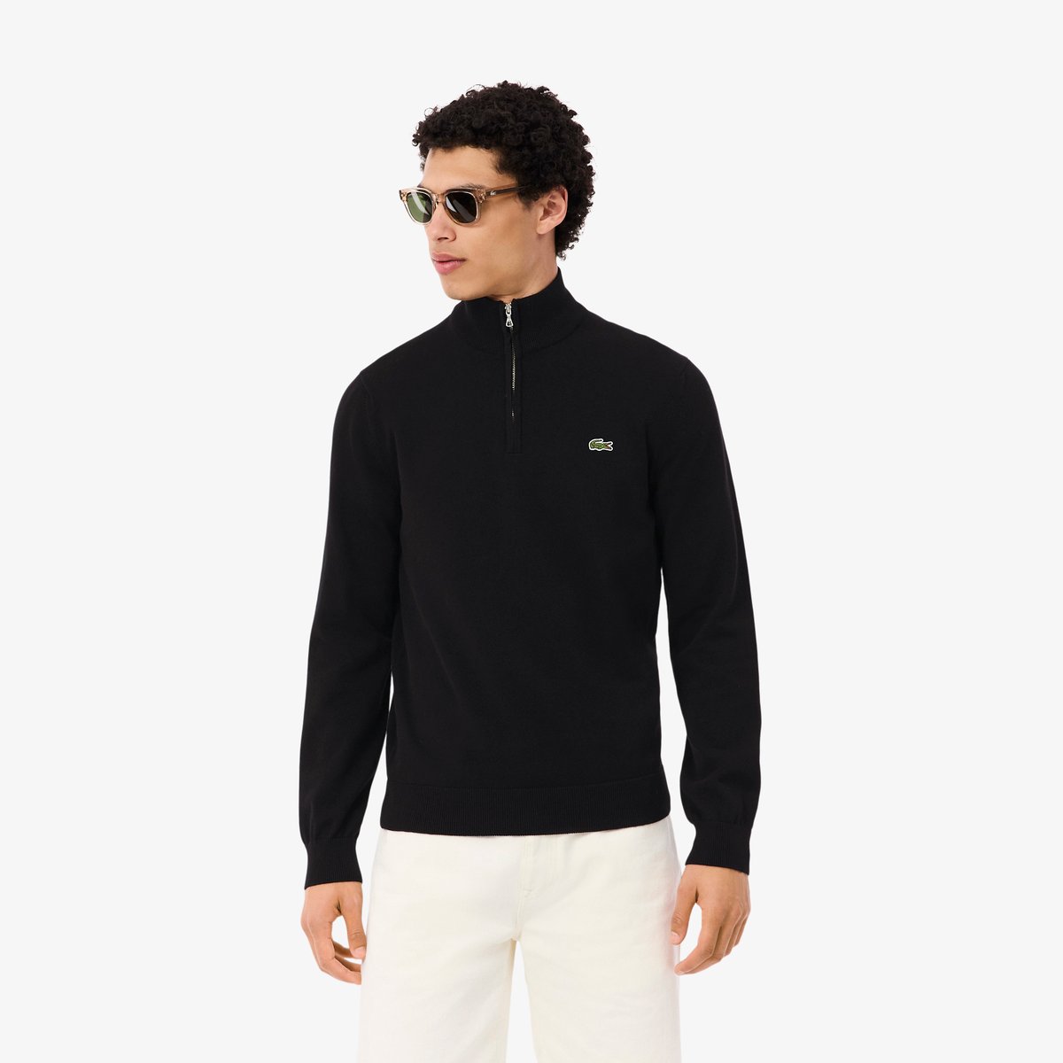 Pull zippé coton uni col montant noir-031, LACOSTE