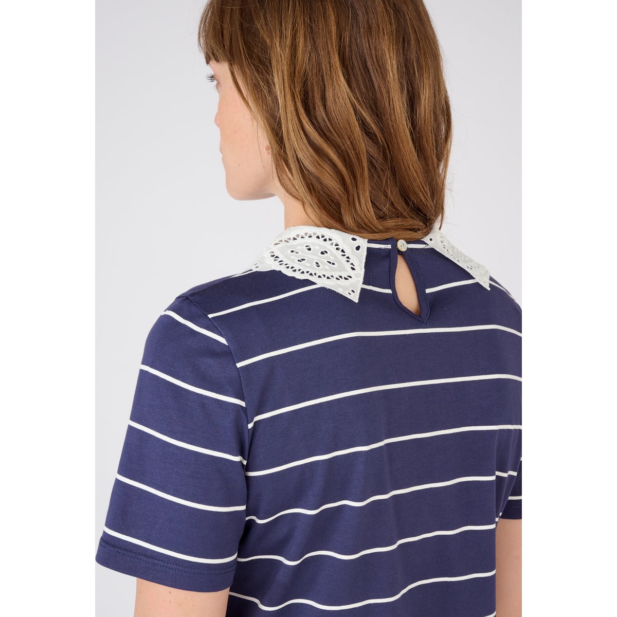 Tee-shirt col broderie anglaise bleu marine rayé, DAMART