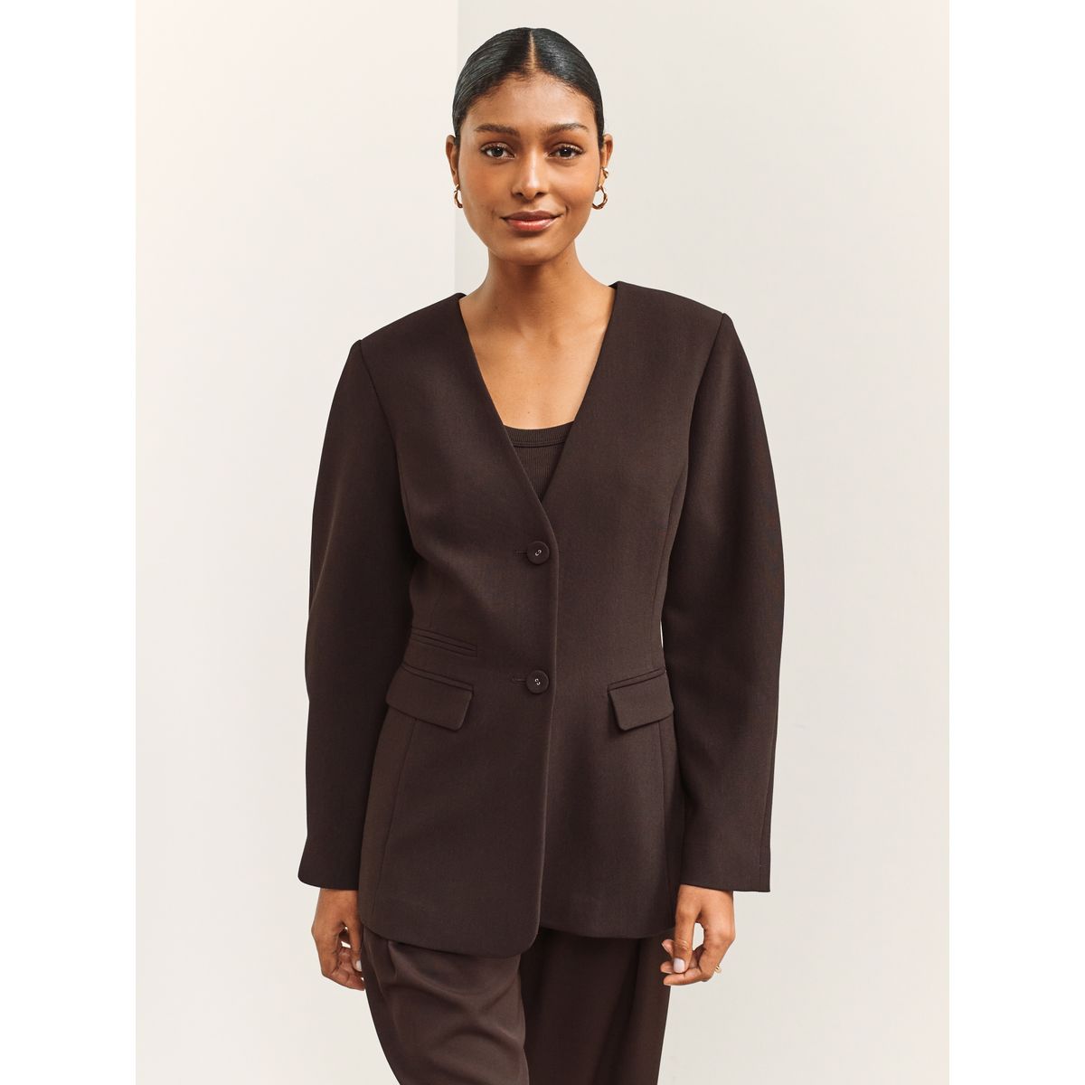 Blazer sans col à v marron chocolat, NEXT