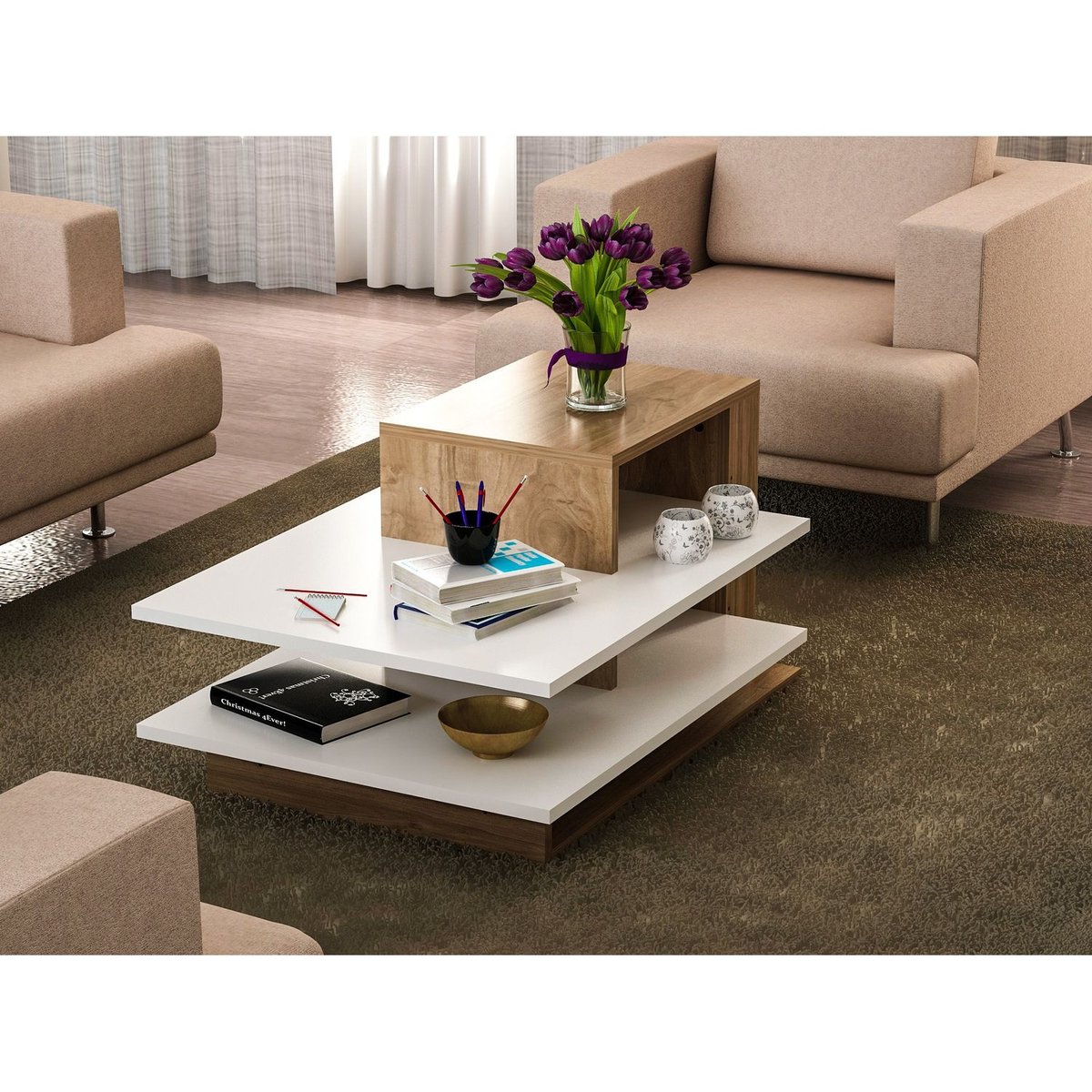 Table basse 2 niveaux et 1 étagère design scandinave VENÜS marron, TOILINUX