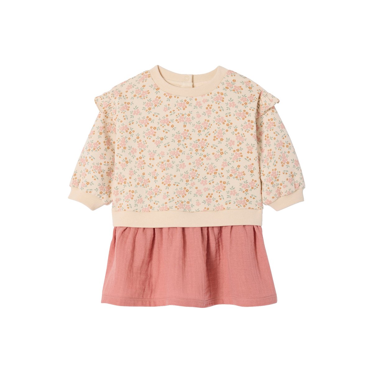 Robe bi-matière manches longues vieux rose, VERTBAUDET