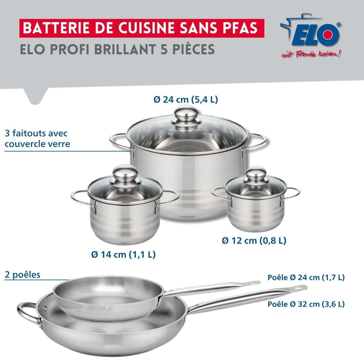 Batterie 2 poêles 24/32cm + 3 faitouts 12/14/24cm PROFI BRILLANT gris, ELO