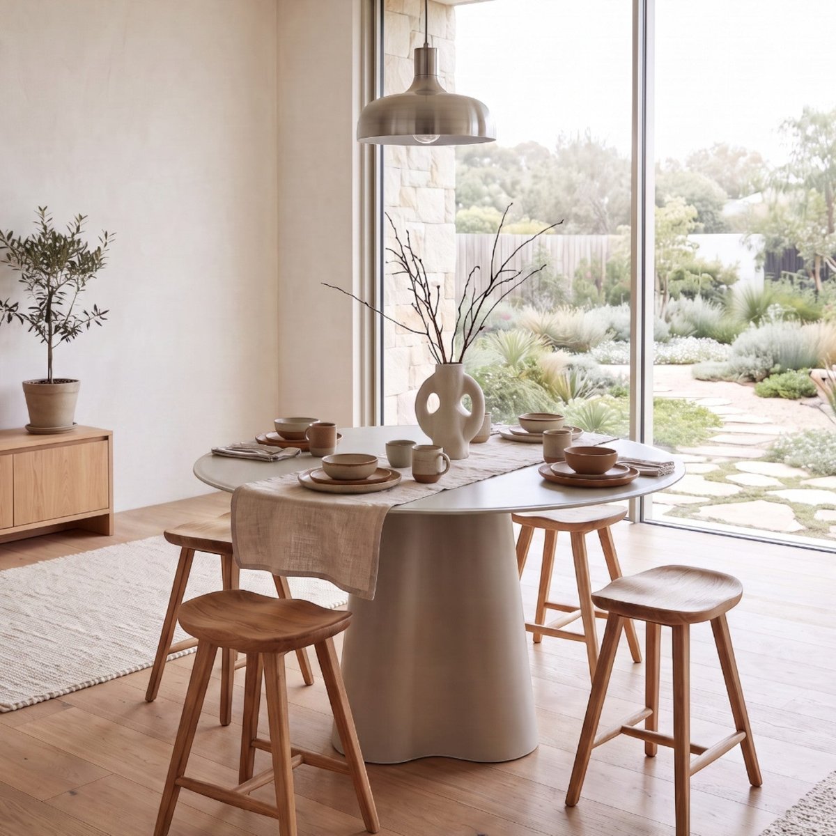 Table repas D120 en verre vert mat beige, ZAGO
