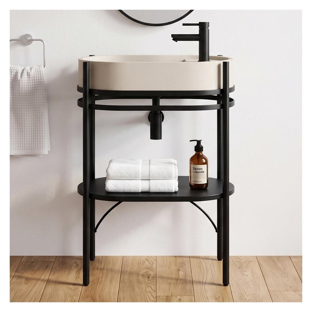 Meuble simple vasque sur pieds 55cm en métal noir et vasque béton LUCIA beige, MOB IN
