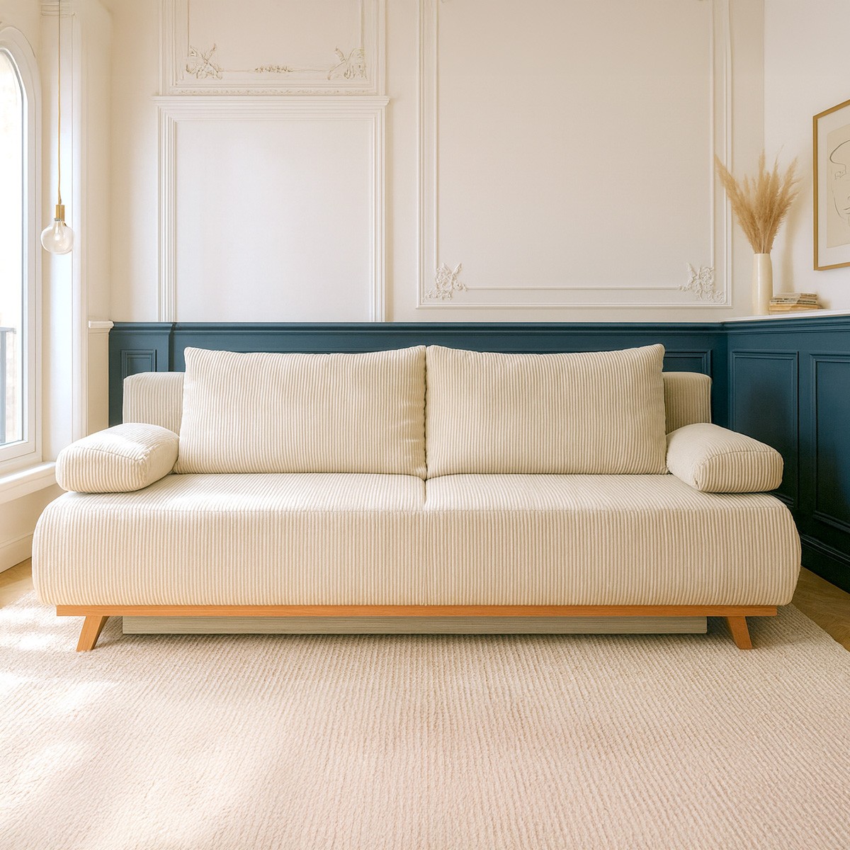 Canapé convertible 3 places en velours côtelé - LARIA beige, HOMIFAB