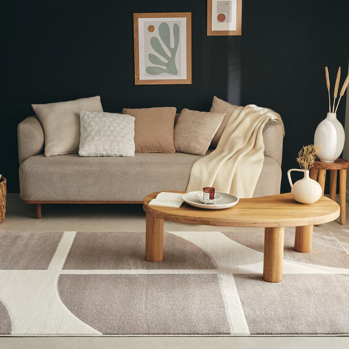 Tapis salon et chambre tissé motif géométrique ECHO écru, beige, UN AMOUR DE TAPIS