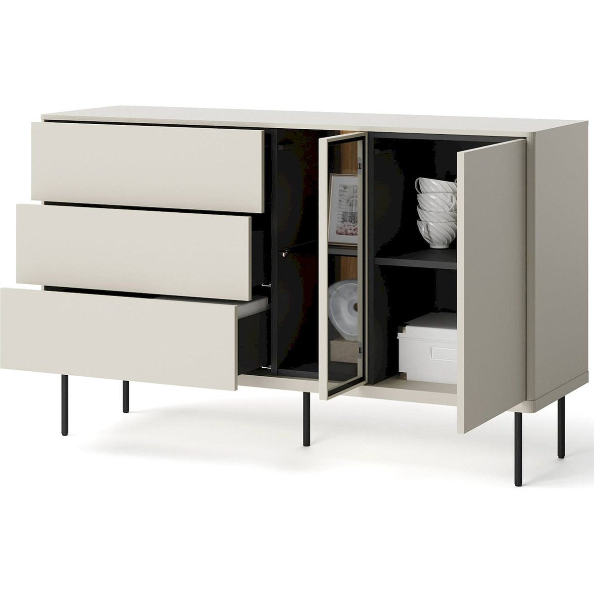 Buffet vitrine bois collection EPIRO beige gris et chêne foncé, RECOLLECTION