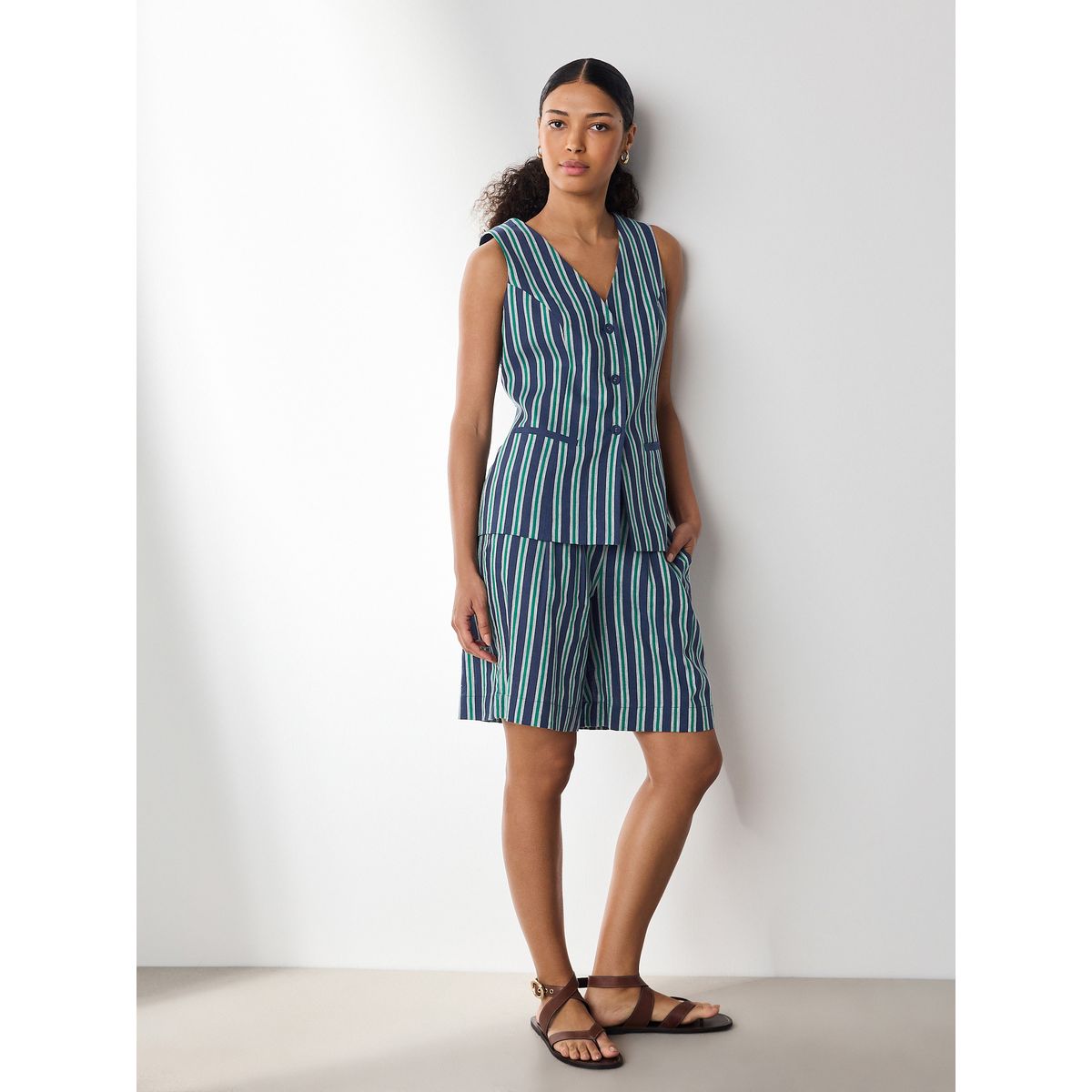 Gilet en lin mélangé n. premium rayures bleu marine/vert, NEXT