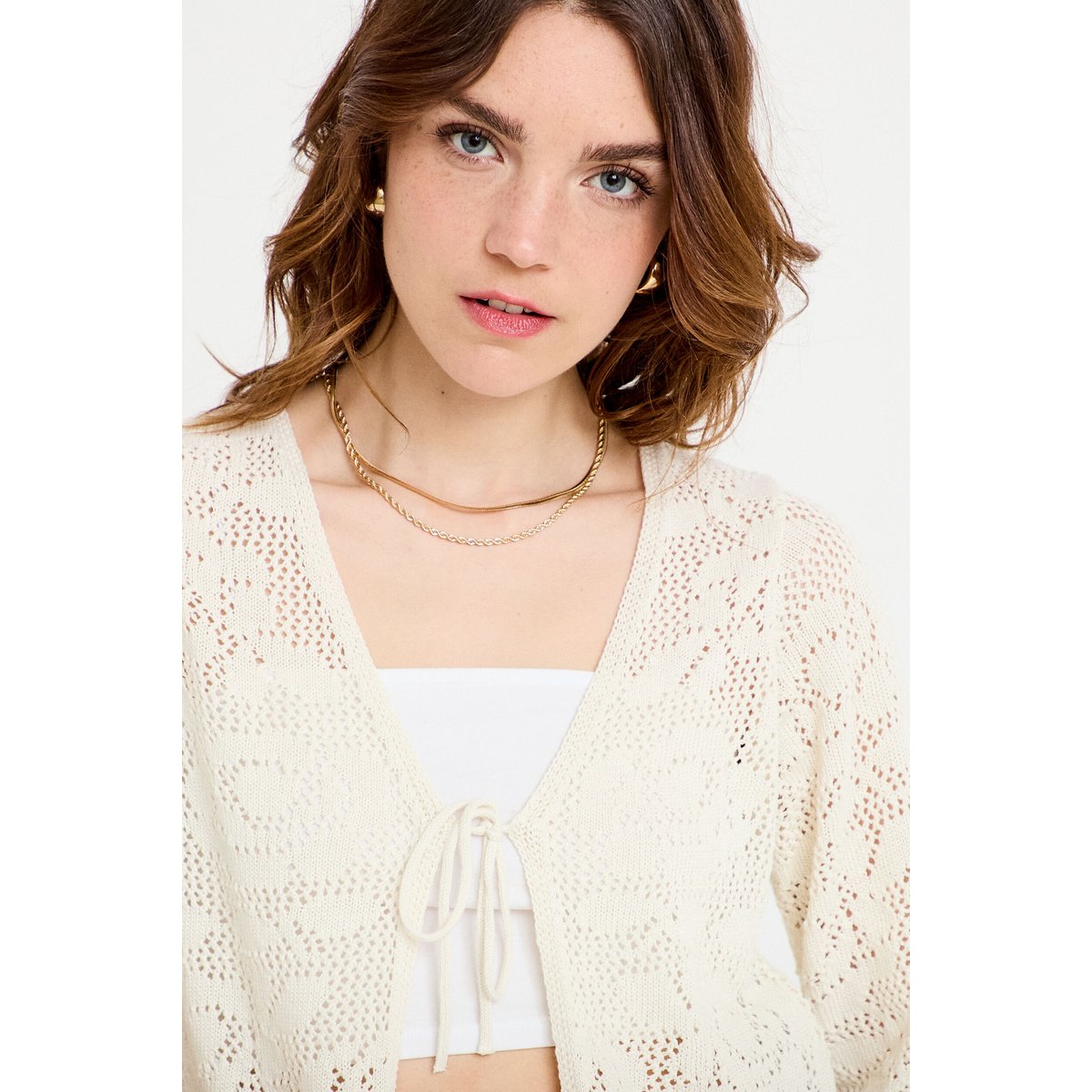 Gilet col v manches 3/4 aspect dentelle ecru, CACHE CACHE
