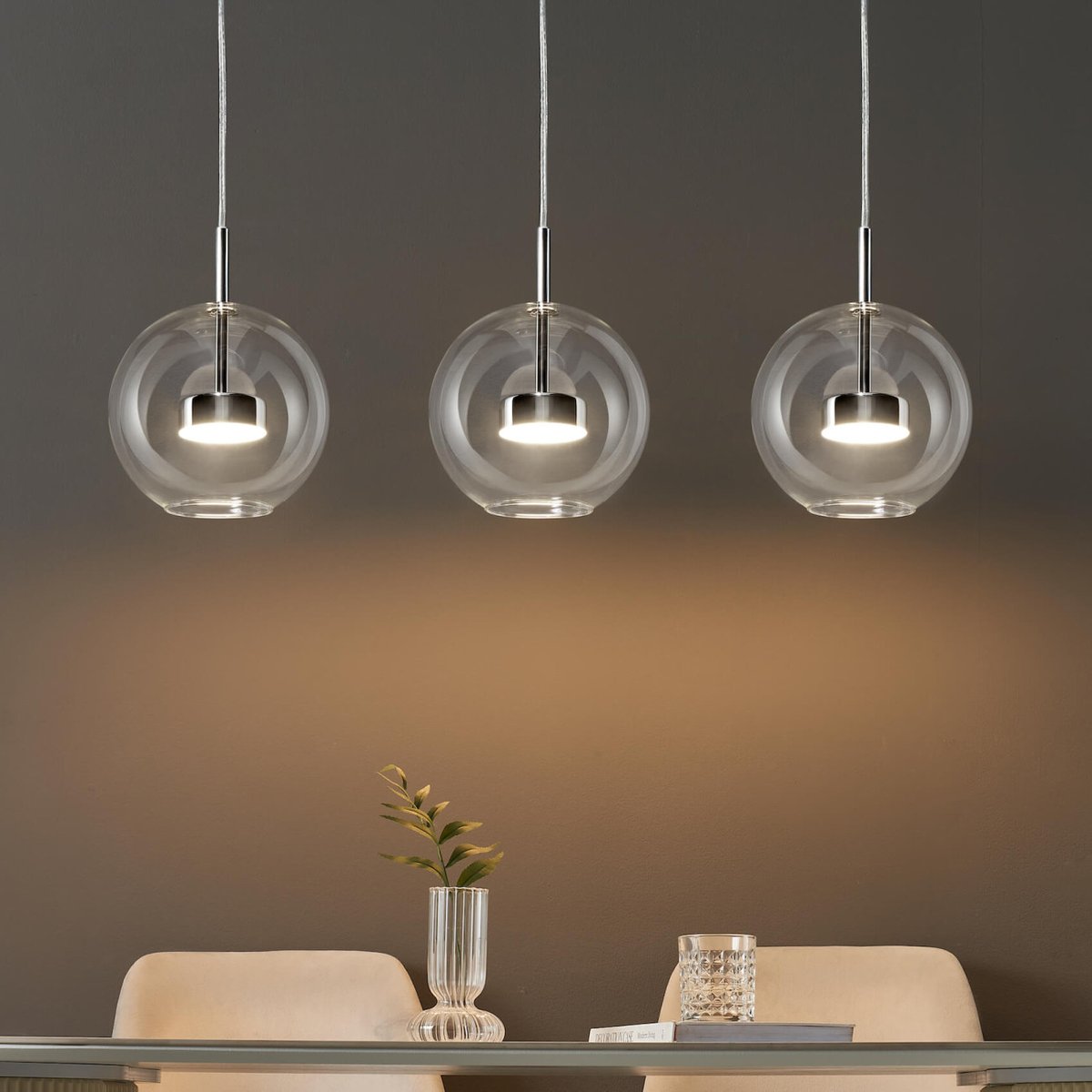 Suspension chromée à trois verres - GICA transparent et chromé, KOSILUM