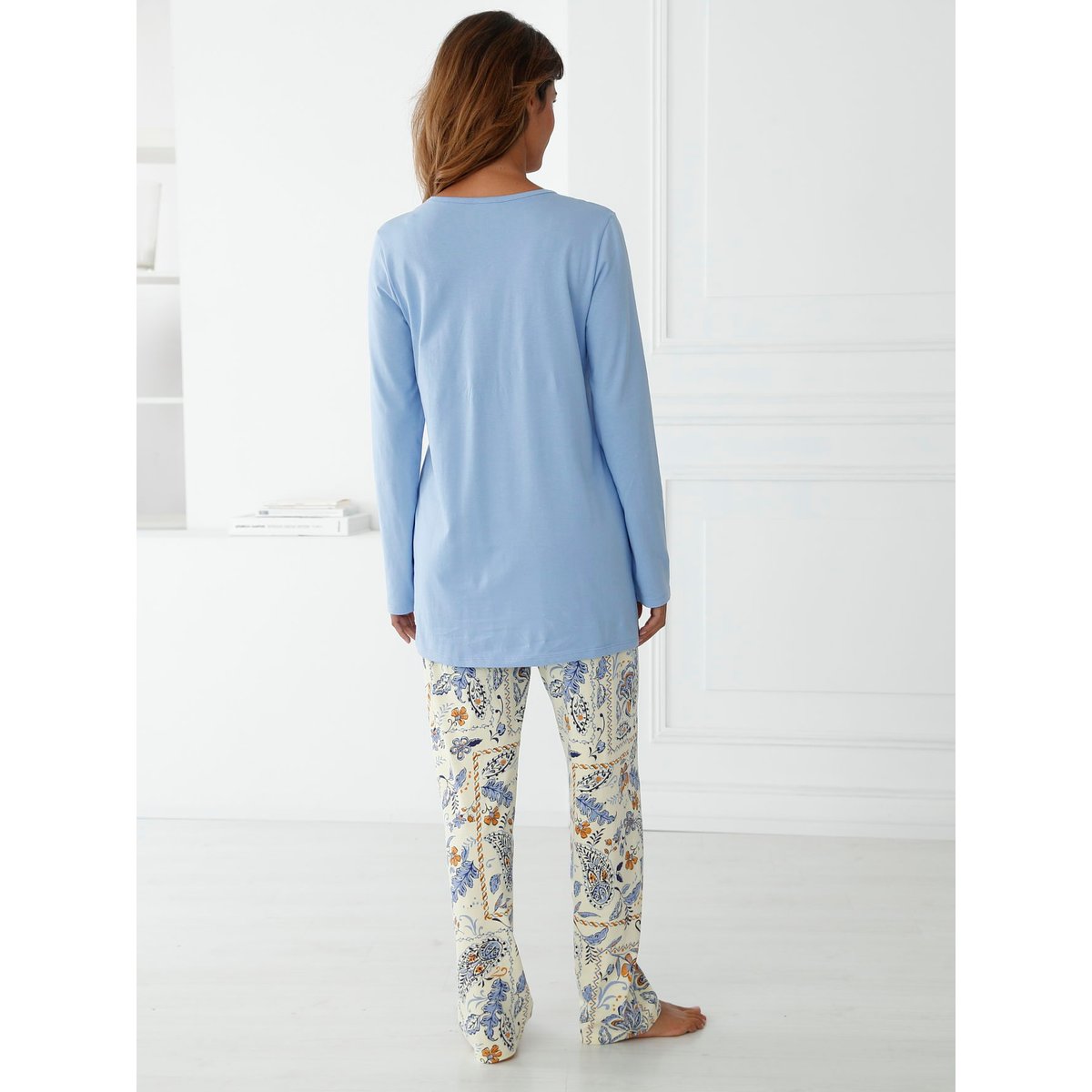 Pyjama femme maille pur coton imprimé bleu, DAXON
