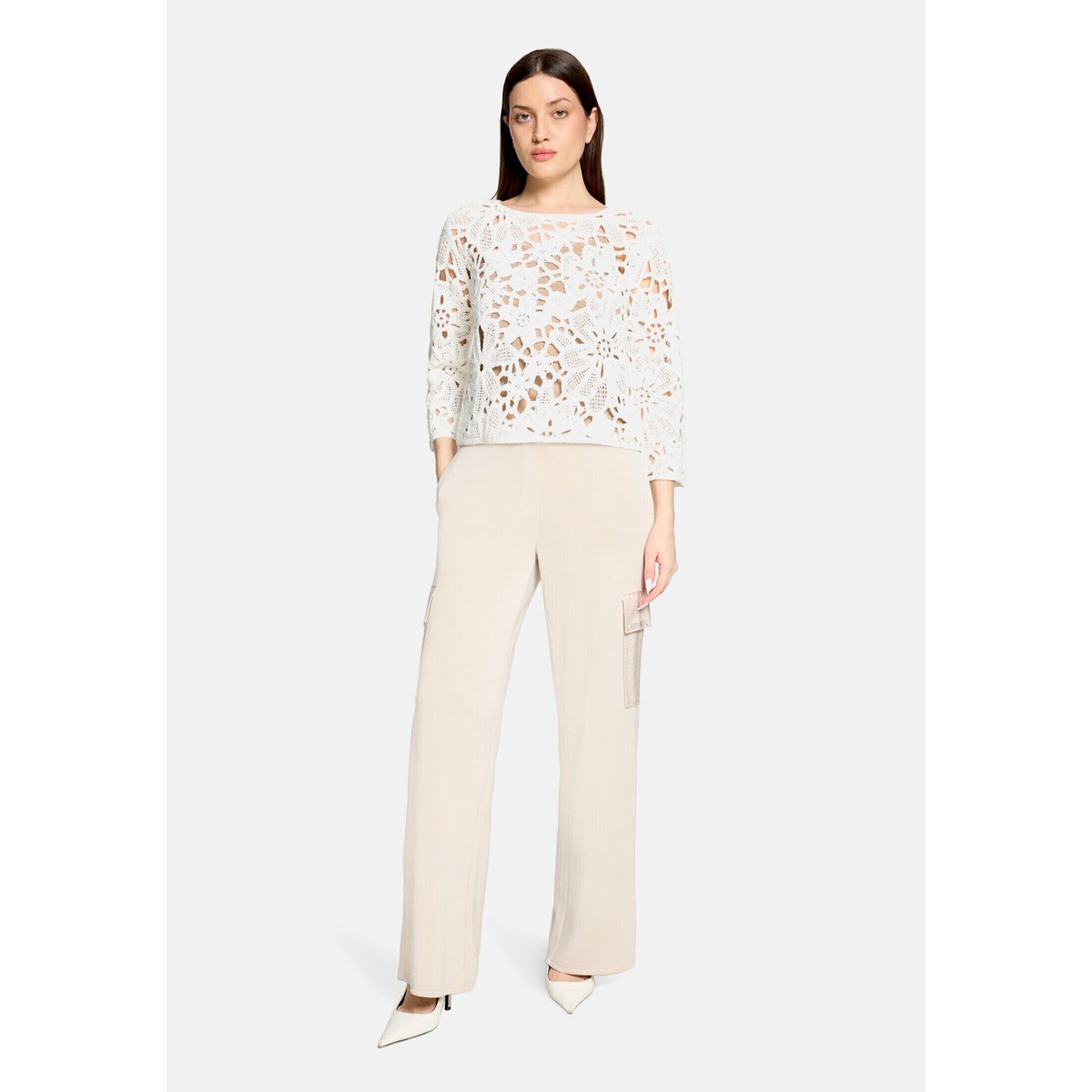 Pull-over en maille ajourée à encolure bateau blanc, BETTY BARCLAY