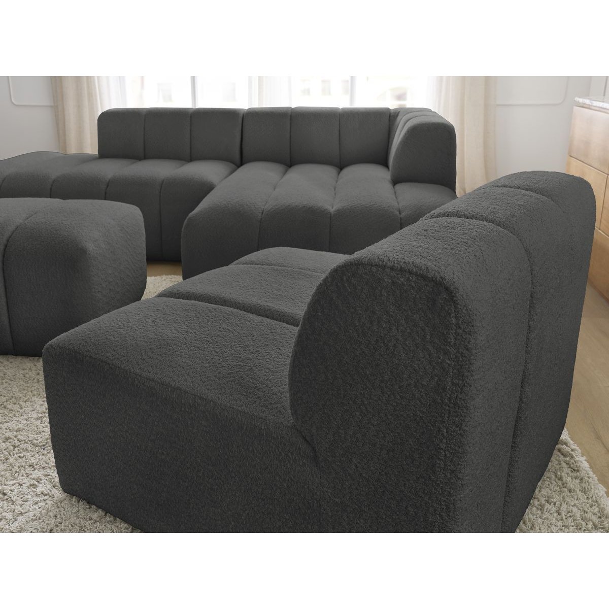 Canapé modulable 5 places en tissu bouclette, ANNECY gris foncé, BOBOCHIC