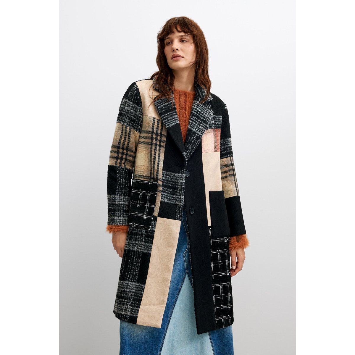 Manteau en laine à carreaux patch noir, DESIGUAL