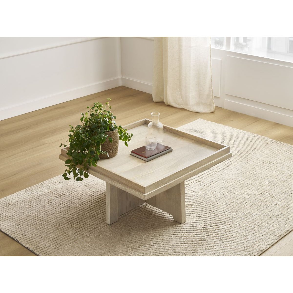 Table basse carrée en bois massif, ALBA marron clair, BOBOCHIC