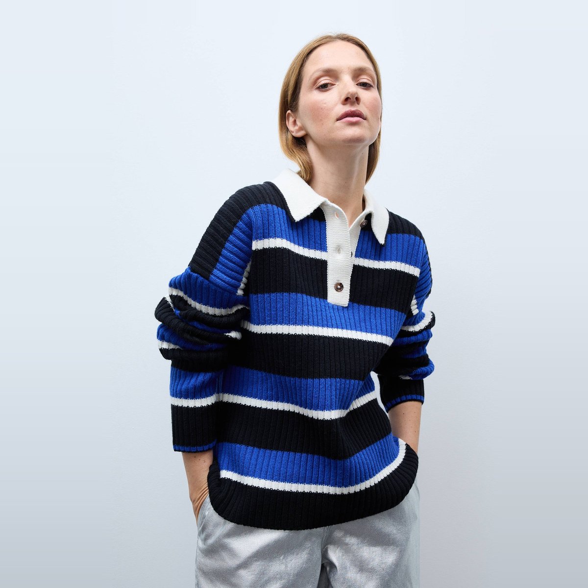 Polo rayé contenant de la laine bleu roi, MONOPRIX