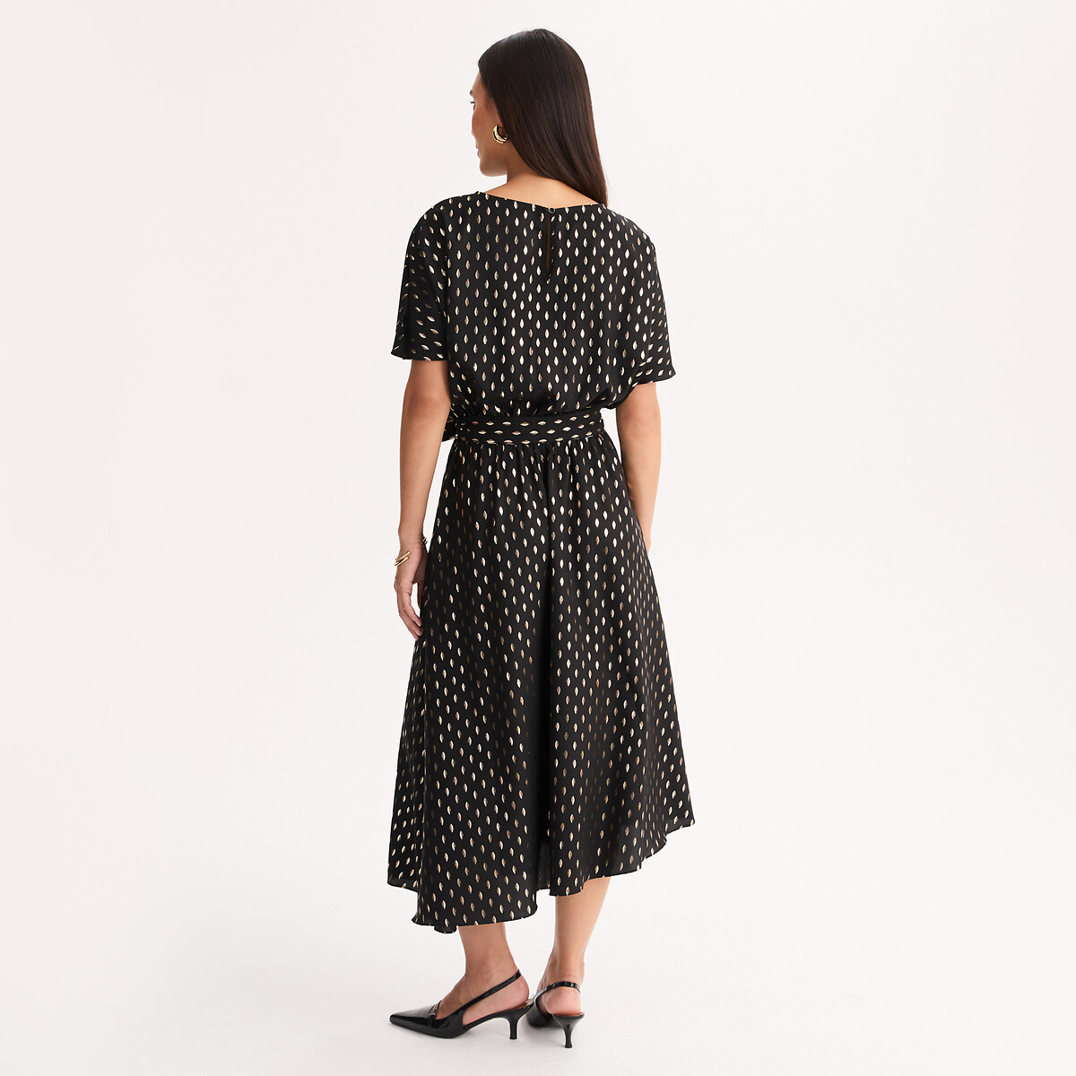 Abito fluido a pois, lunghezza midi, maniche corte nero/color oro, ANNE WEYBURN