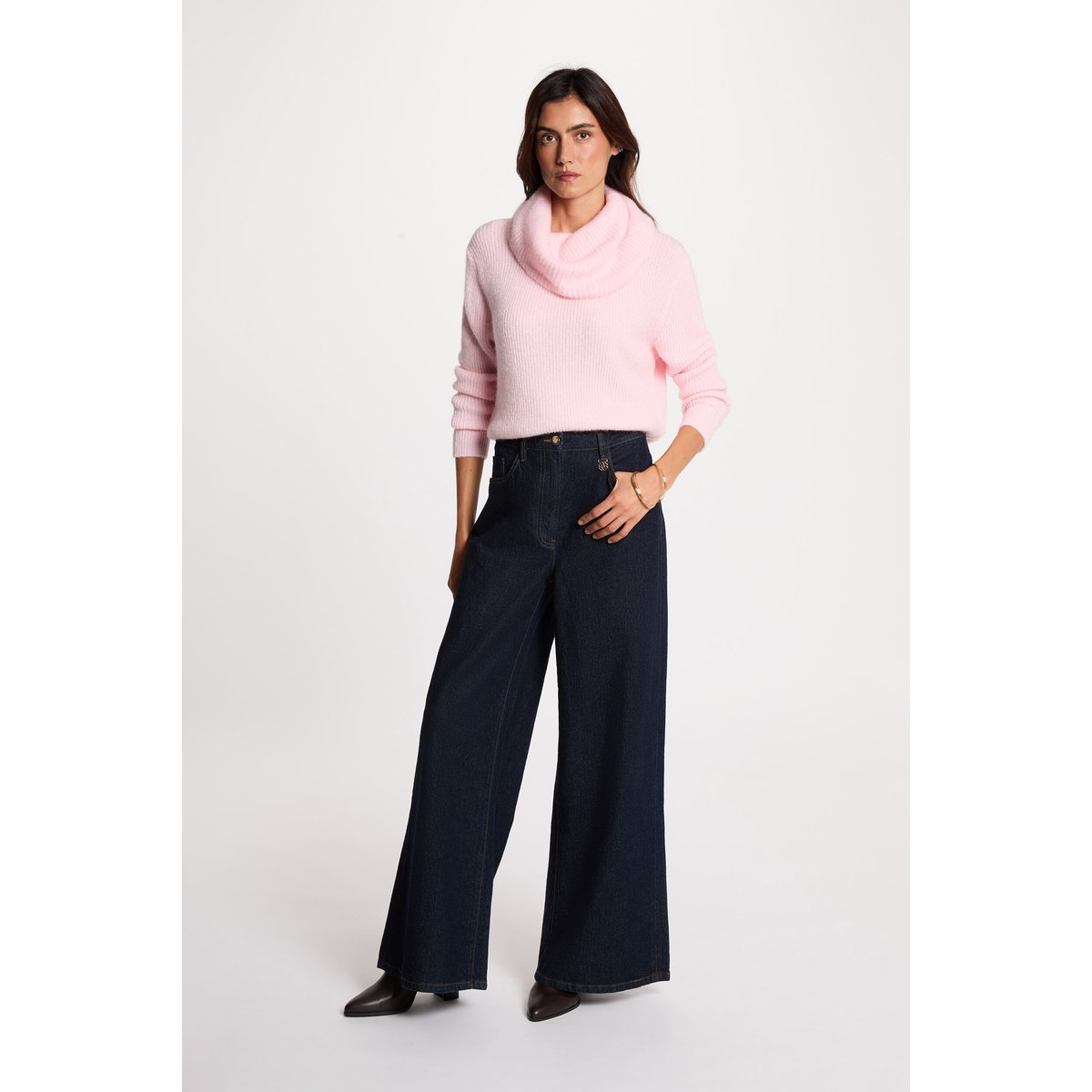 Pull col boule rose pastel, MORGAN