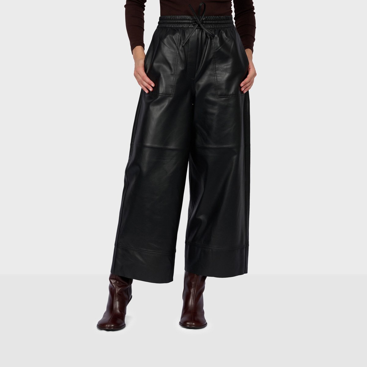 Pantalon large en cuir à taille élastiquée TROPHEE noir, OAKWOOD