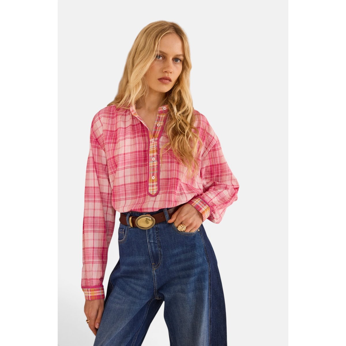 Blouse à carreaux manches longues en coton MELODIE fuchsia, Maison 123