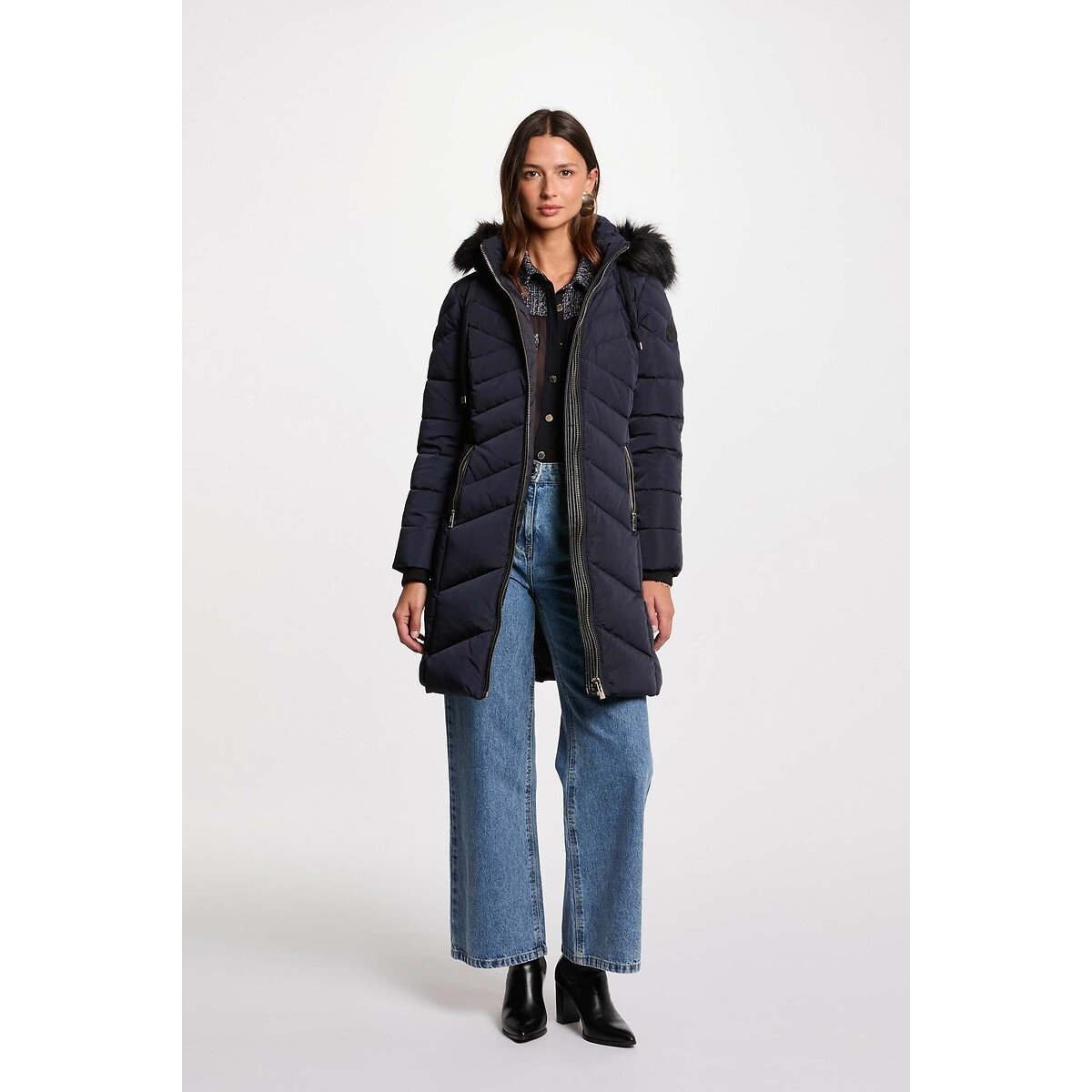 Long Hooded Padded Jacket navy blue, MORGAN