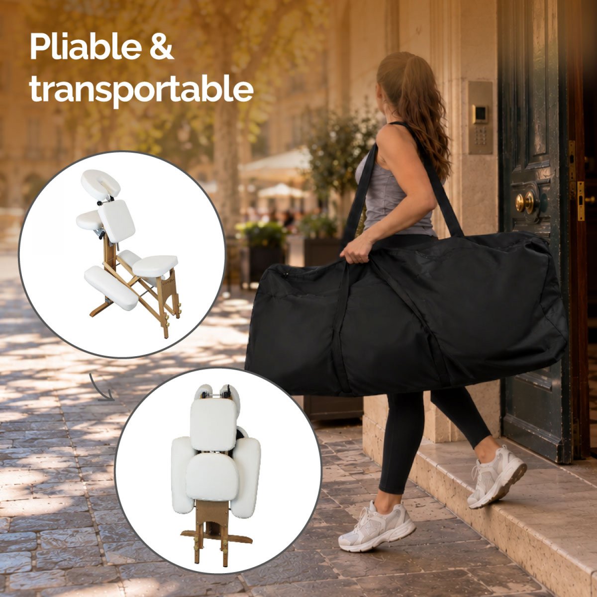Chaise de massage en bois pliable avec sac de transport blanc, VIVEZEN