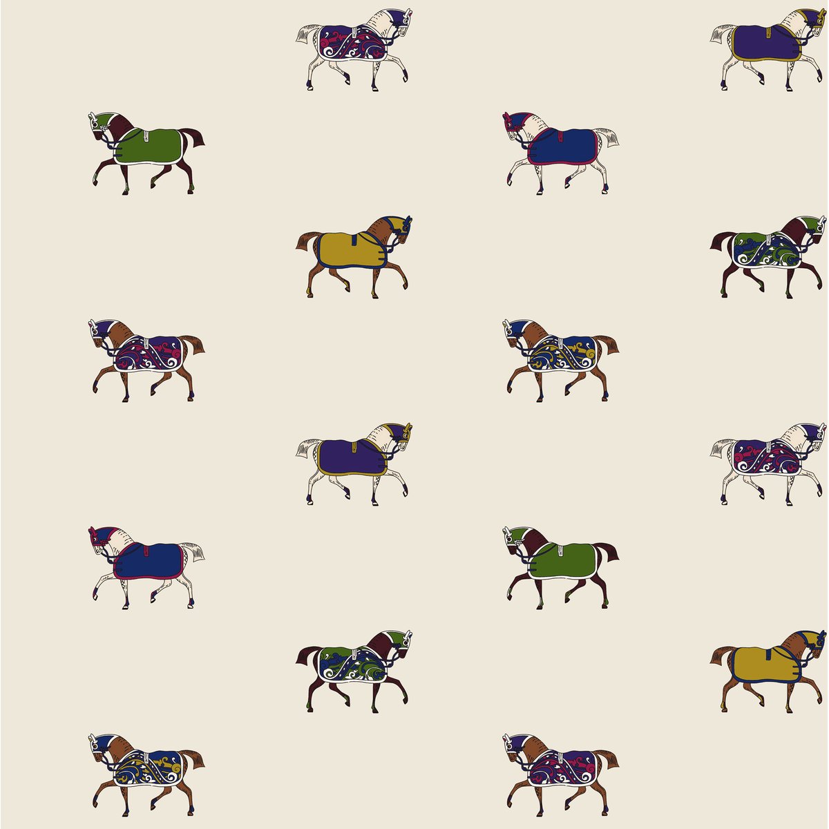 Papier peint Chevaux élégants multicolore sur fond beige, JOULES